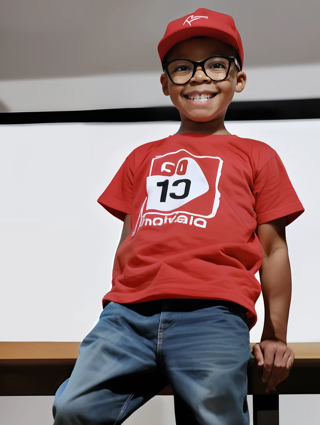 guttonerdreliberate1, portrait of a happy 3-year-old boy wearing glasses, (possing for the photo: 1.2), hands behind the body, wearing (red T-shirt: 1.3), (white cook's clothing: 1.3), (red cap: 1.5) without print and without embroidery. Industrial kitchen scenario. Detailed, realistic, Drawing by alex ross