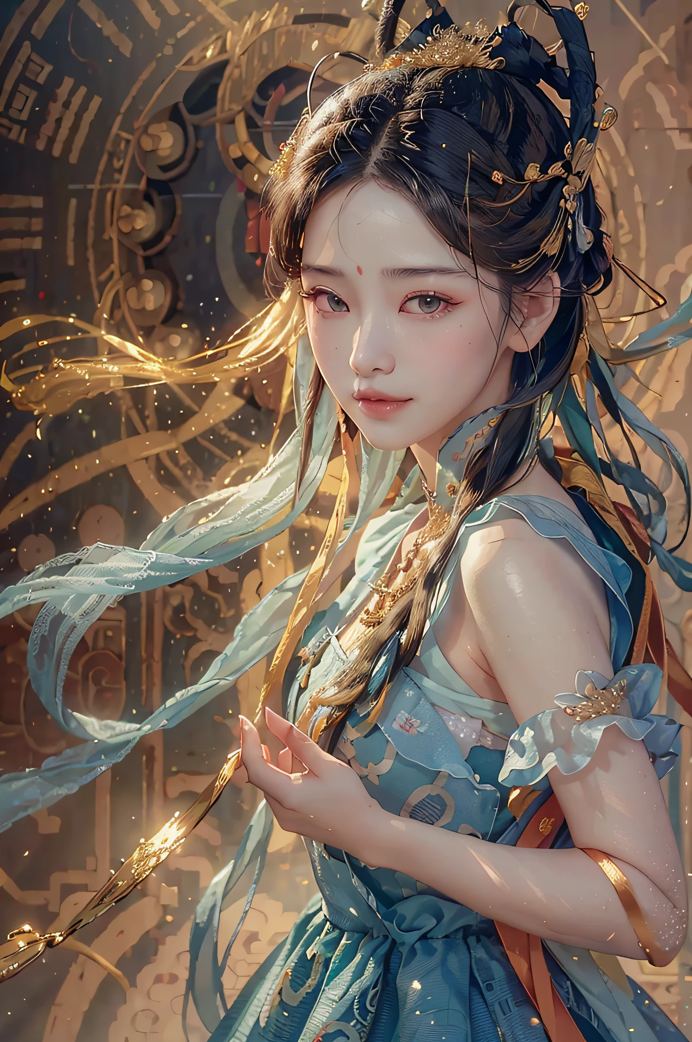 (RAW Photo, Best Quality), (Realistic, Photo Realistic: 1.3), Best Quality, Highly Detailed, Masterpiece, Hyperdetail, Illustration, 1 Girl, upper_body, Dynamic Angle, World Masterpiece Theater, messy_long_hair, Best Quality, Extremely Detailed CG Uniform 8k Wallpaper, Ink, Amazing, Cinematic Lighting, lens_flare,, dunhuang_style, Realism, Realistic, Masterpiece, Best Quality, 1girl, Solo, Smile, Look at the Audience, Long Black Hair, Denim Shooting, cns_dress, Petticoat, Standing, (China Jiangnan Water Town Style: 1.1), Beautiful Sky, Natural Lighting, (Smile 3.0 Emoji)
