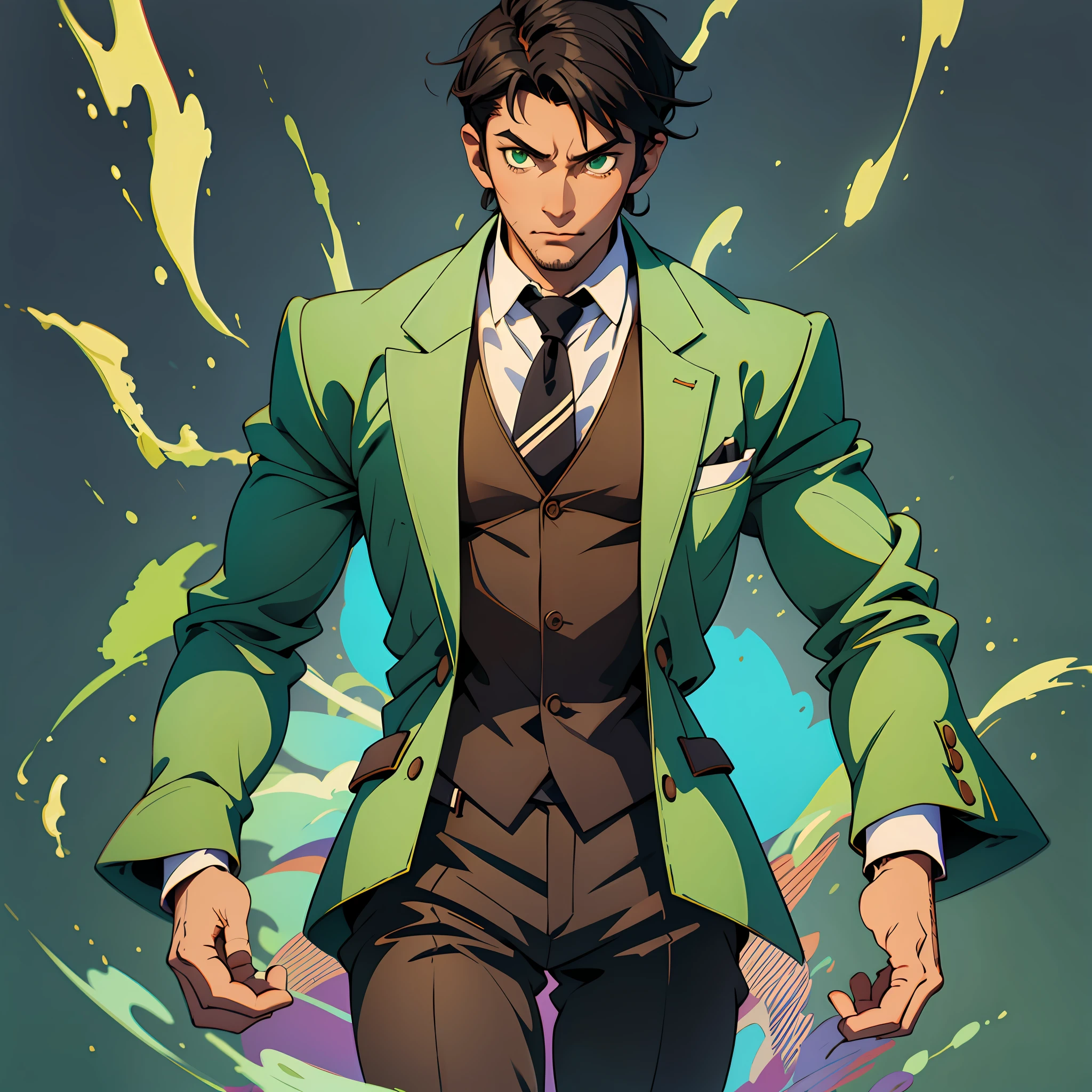 1boy, boy, black hair, green eyes, brown skin, serious, dress clothes, medium musculature, american style --auto --s2