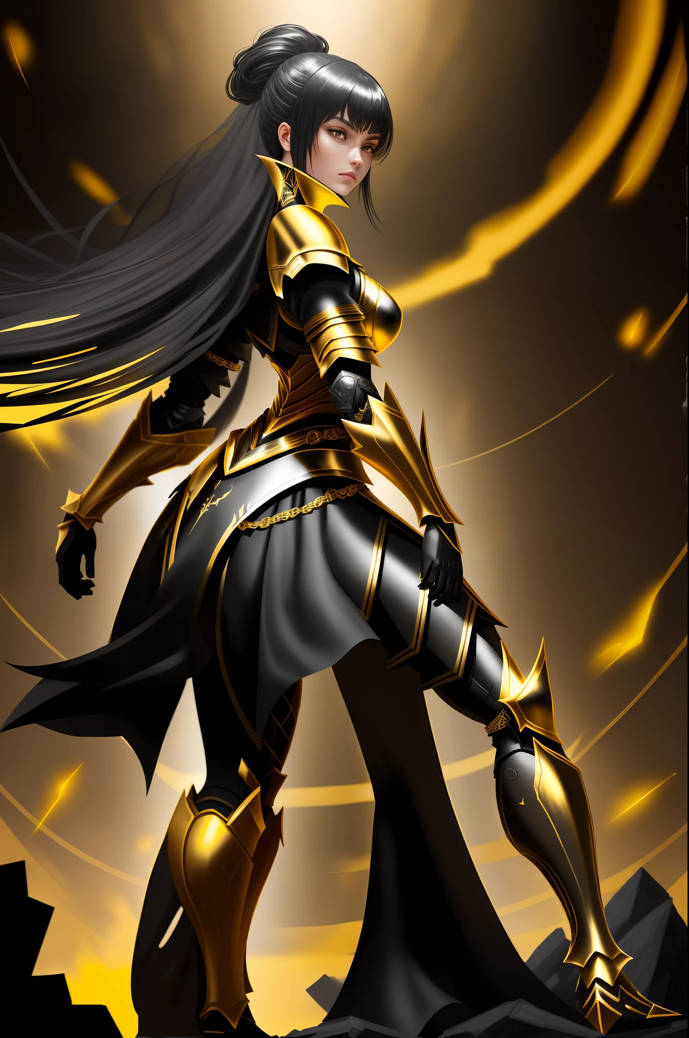 a close up of a woman in armor, black and gold armor, black and golden armor, gold obsidian armor, black armor with yellow accents, heavy gold obsidian armor, sleek gold armor, black shiny armor, bikini armor female knight