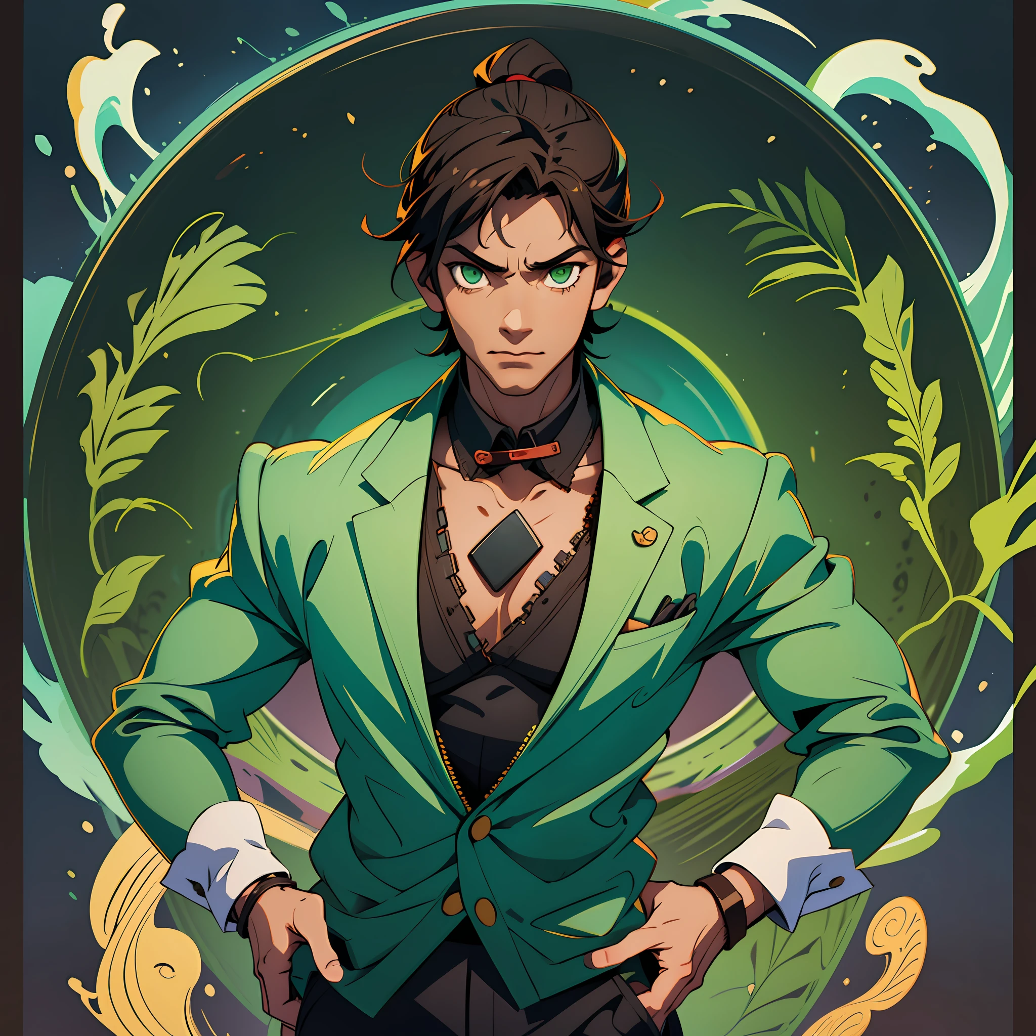 1boy, boy, black hair, green eyes, brown skin, serious, dress clothes, medium musculature, american style --auto --s2