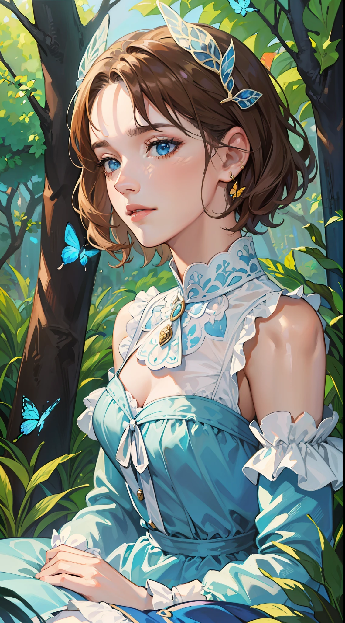 ((Superior quality, portraits, masterpieces, 8K wallpapers: 1.3)), girl with short wavy brown hair (((SHORT HAIR))), blue eyes like diamonds, sitting under a tree, butterflies surrounding her, golden hour, perfect shadows and scolding through the trees. Covered dress, light blue Victorian with ruffles and jewelry.