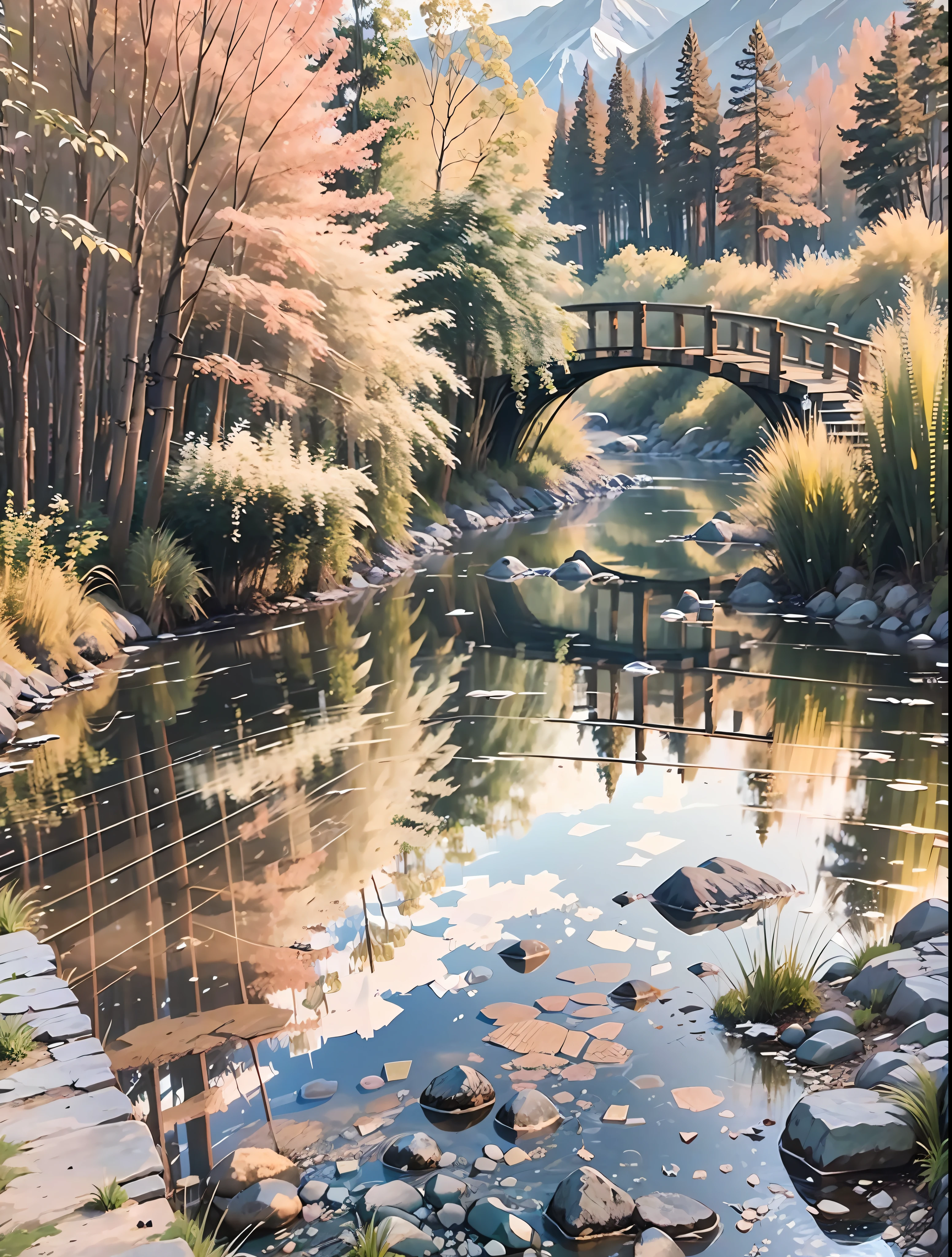 Small bridge, clear stream, stone bridge railing, gravel road, green trees, green mountains, blue sky and white clouds, birds flying, reflection, sound of water mix4, (8k, RAW photo, best quality, 1.2)), ( Realism, Realism: 1.37) --v 6