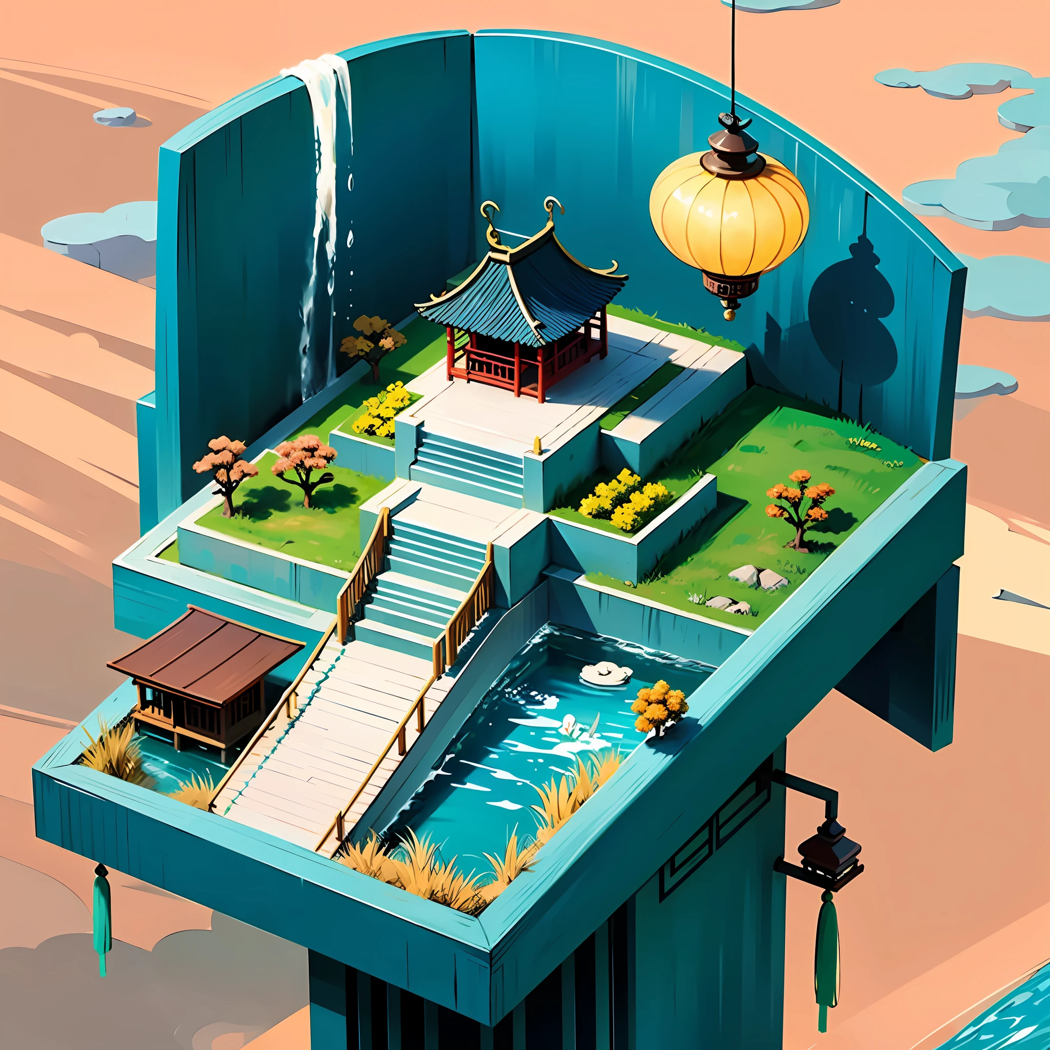 isometric chinese style architecture,water pool,