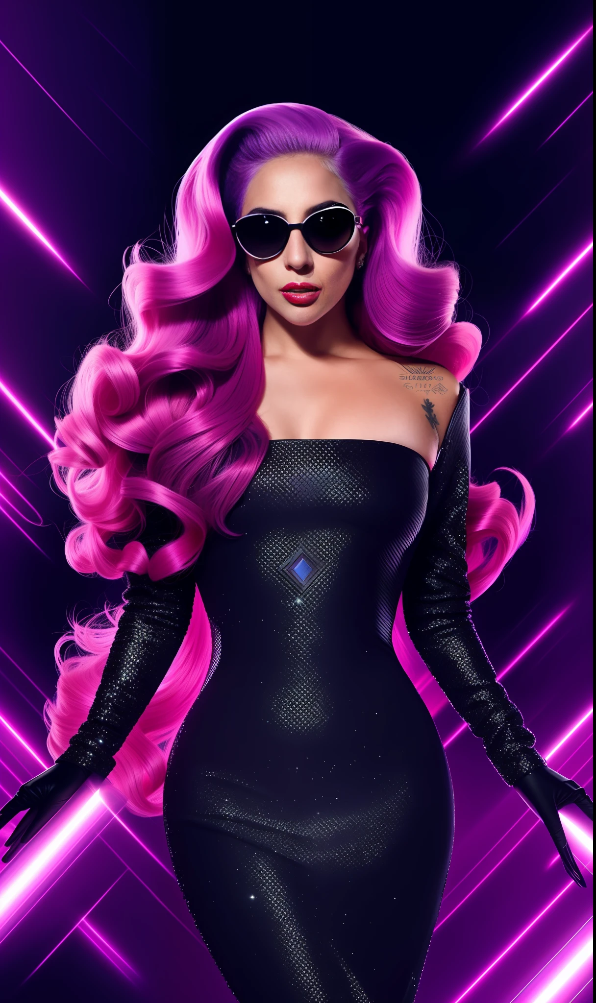 Photo of lady gaga with futuristic red dress with violet and black full of diamonds, unique glasses, 4K texture, long hair, high quality, extravagant hairstyle, original album cover, colorful dress with diamonds, 8k image, futuristic, high image quality, at night, hair accessories, 8k image, realistic face in high quality, full body, different body poses