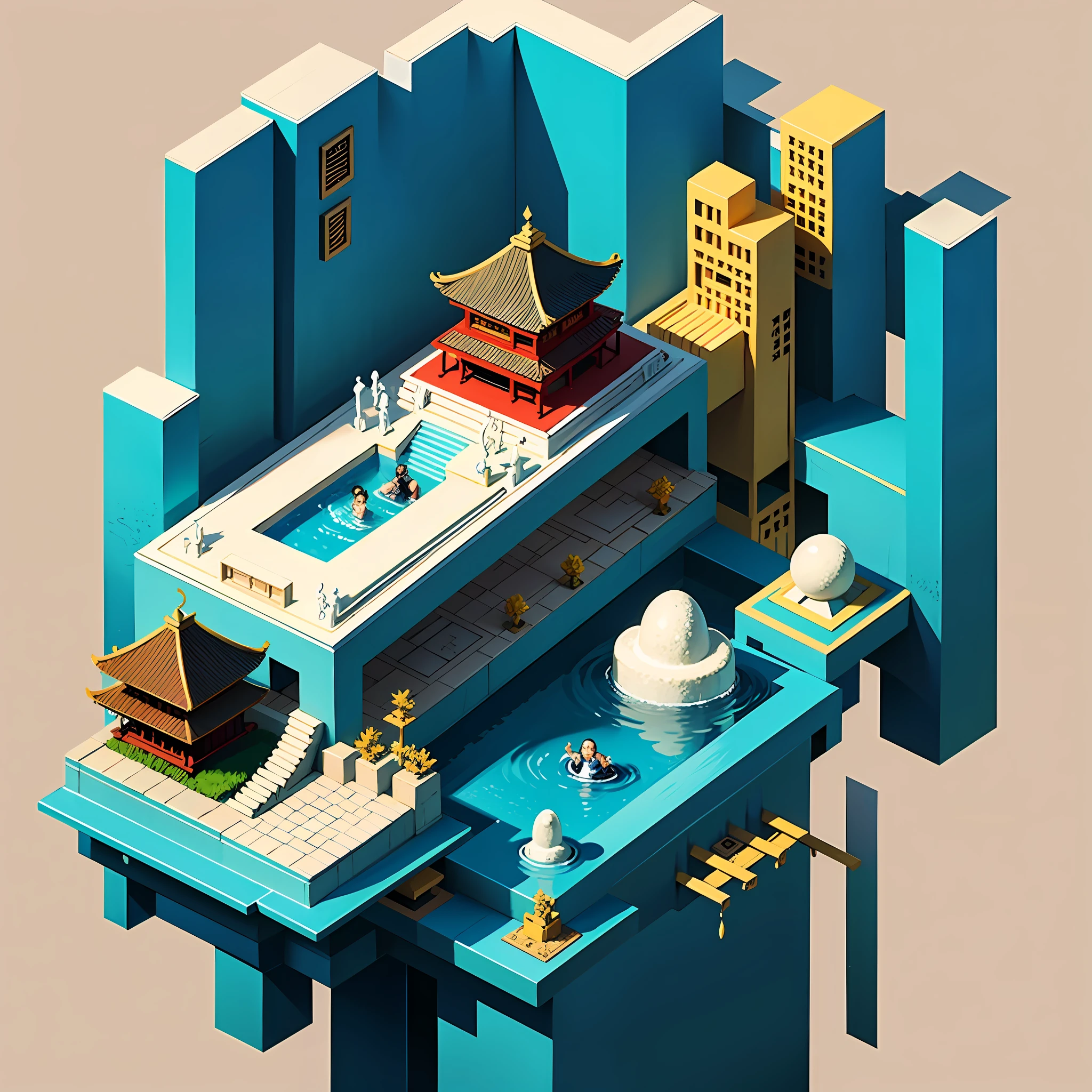 isometric chinese style architecture,water pool,