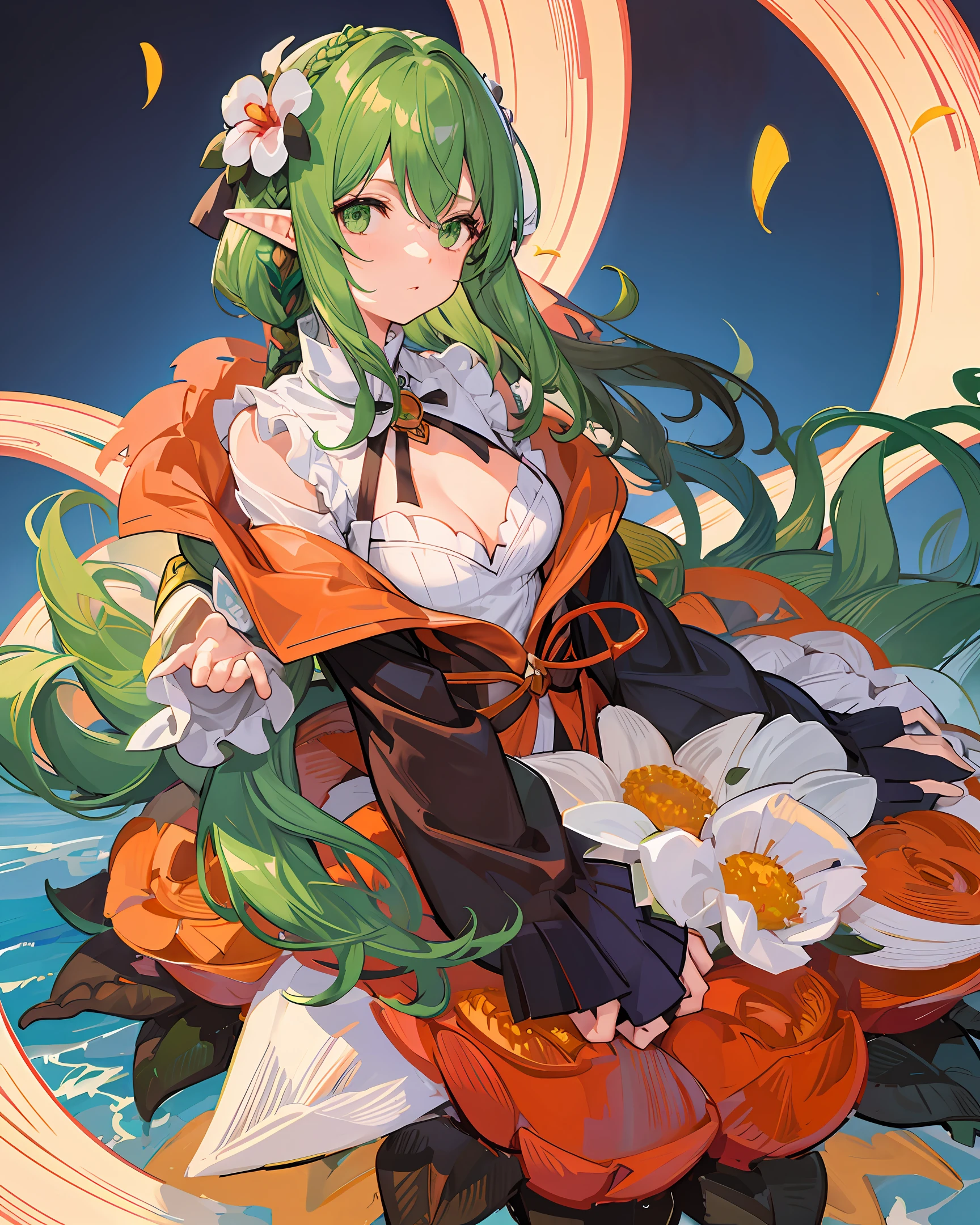 illustration, anime, elf, elf woman, 1girl, medium breasts, anime style, brown hair, hair with green details, brown and green hair, braid, braided bangs, green eyes, neckline, braid, braid, hair flower, multicolored hair, long hair, hair ornament, pink flower, striped hair, white thighs, bow, wide sleeves, leaf, bard clothes, bard,