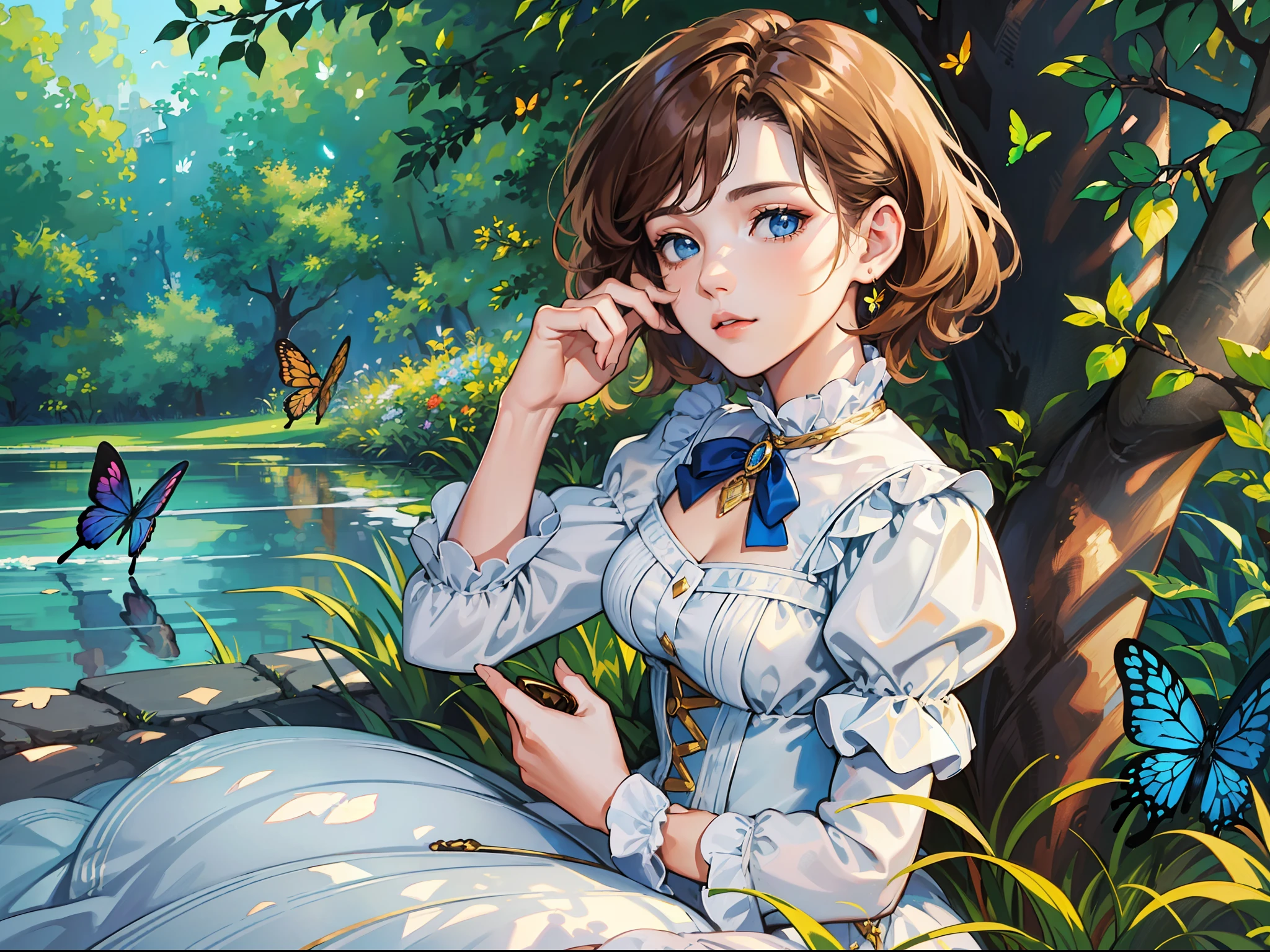 ((Superior quality, portraits, masterpieces, 8K wallpapers: 1.3)), girl with short wavy brown hair (((SHORT HAIR))), blue eyes like diamonds, sitting under a tree, erflies surrounding her, golden hour, perfect shadows and scolding through the trees. Covered dress, light blue Victorian with ruffles and jewelry.