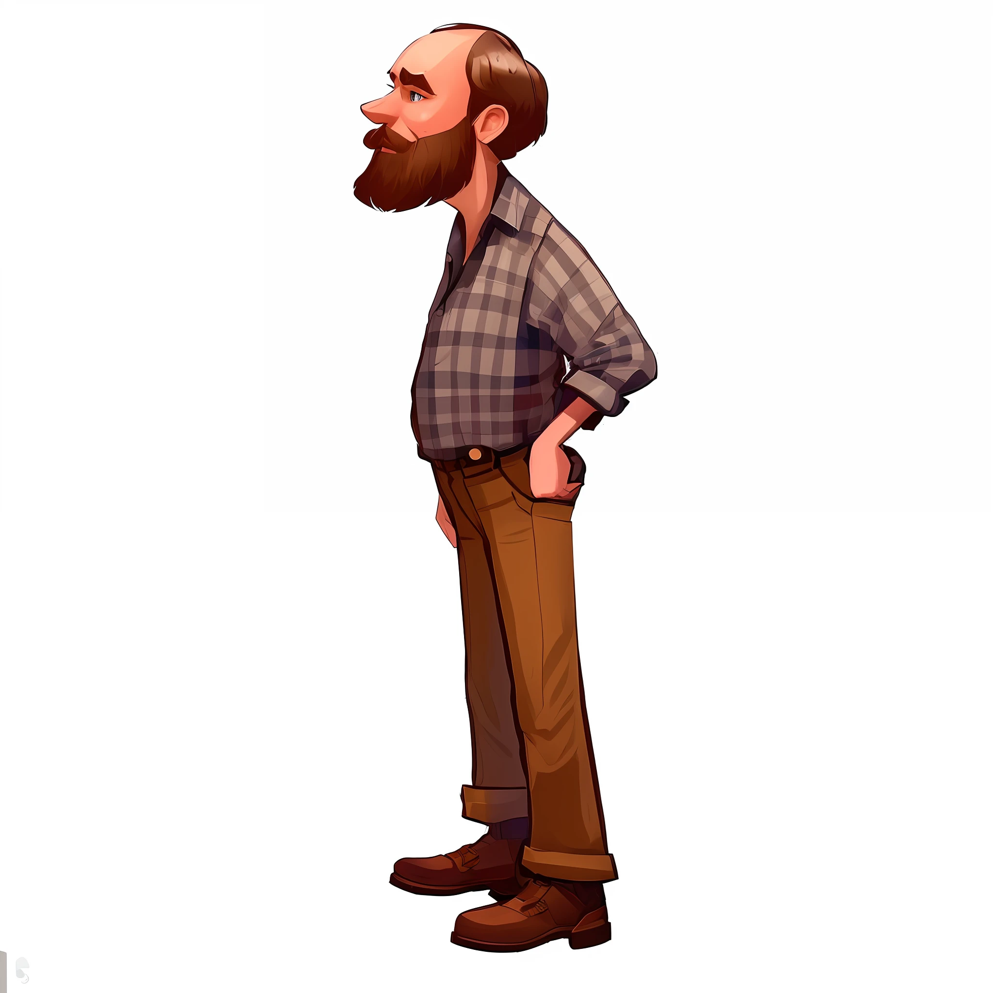 cartoon man with a beard and a plaid shirt sitting on a front chair of a white background, seated character portrait, highly detailed character design, full body character portrait, character illustration, full body character portrait, character pose for concept art, full body character, male character design, unreal character concept, very stylized character design, stylized character design, cartoon concept art
