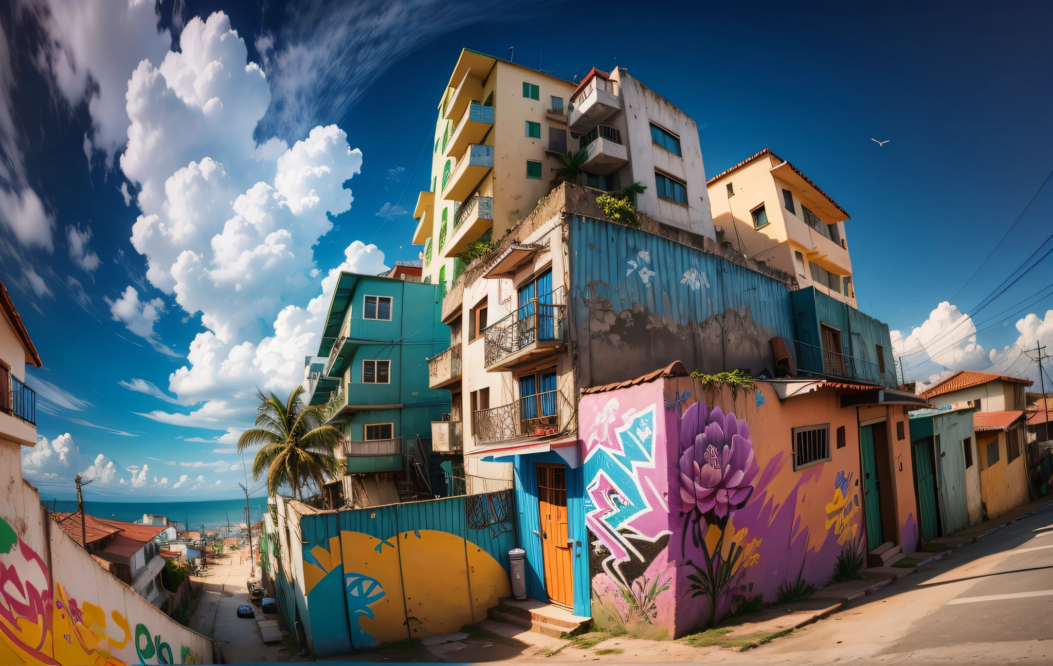 Masterpiece, best quality, toon, 3D, favela morro, low angle. Beautiful daytime sky, summer vibes, Brazil. Brazilianness. graffiti, art, nature