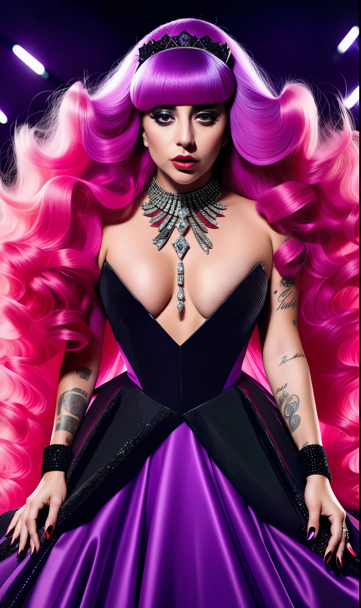 Photo of lady gaga with futuristic red dress with violet and black full of diamonds, 4K texture, long hair, high quality, extravagant hairstyle, original album cover, colorful dress with diamonds, 8k image, futuristic, high image quality, at night, hair accessories, 8k image, realistic face in high quality, full body, different body poses