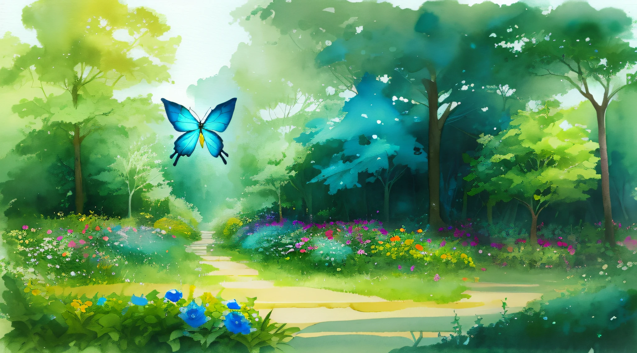 painting, a blue butterfly in a flowering garden, watercolor, sunny