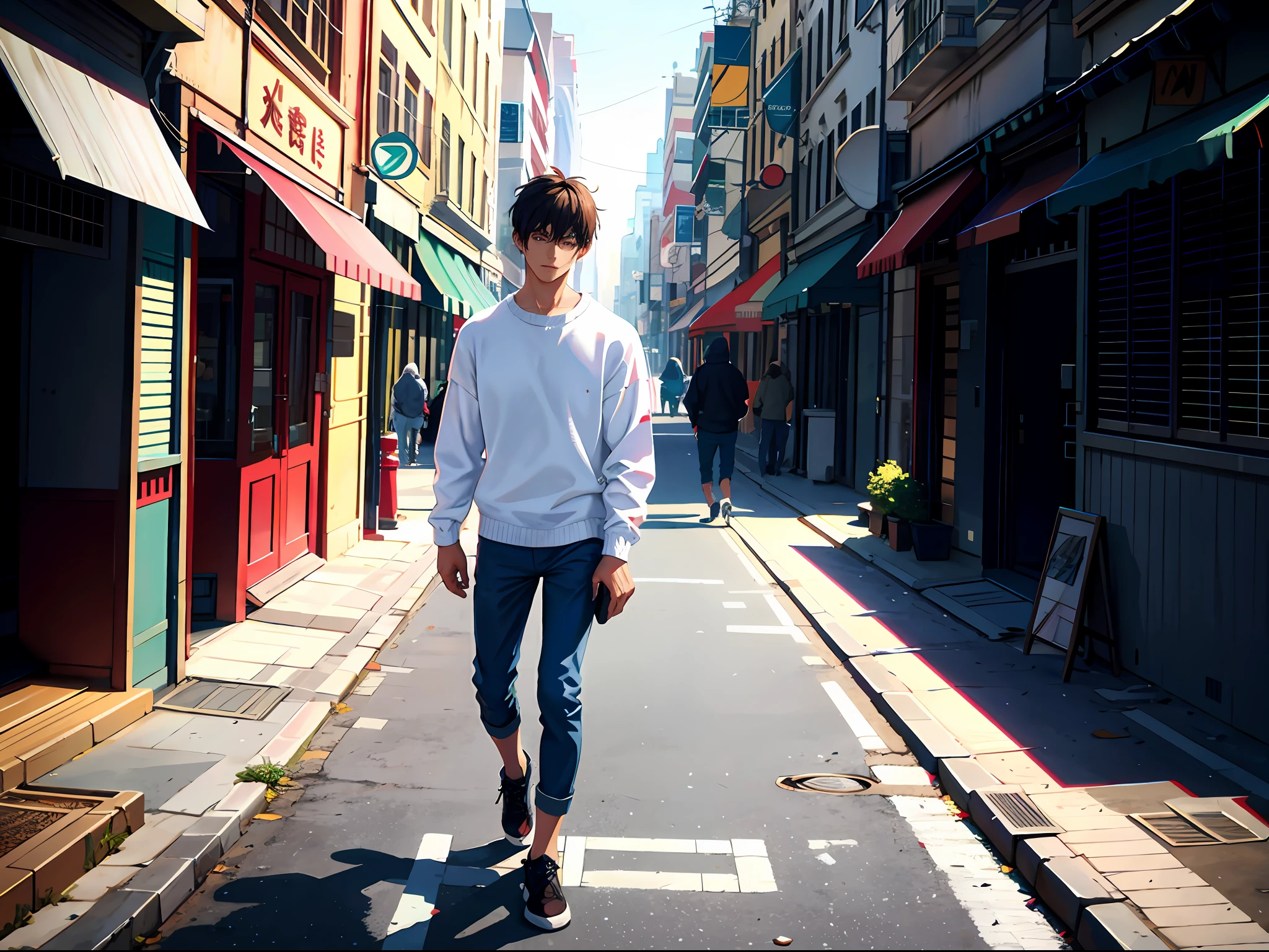 HD clear, best images, illustration quality, super detailed, a rough youth, wearing a white casual sweater, walking down the street, during the day