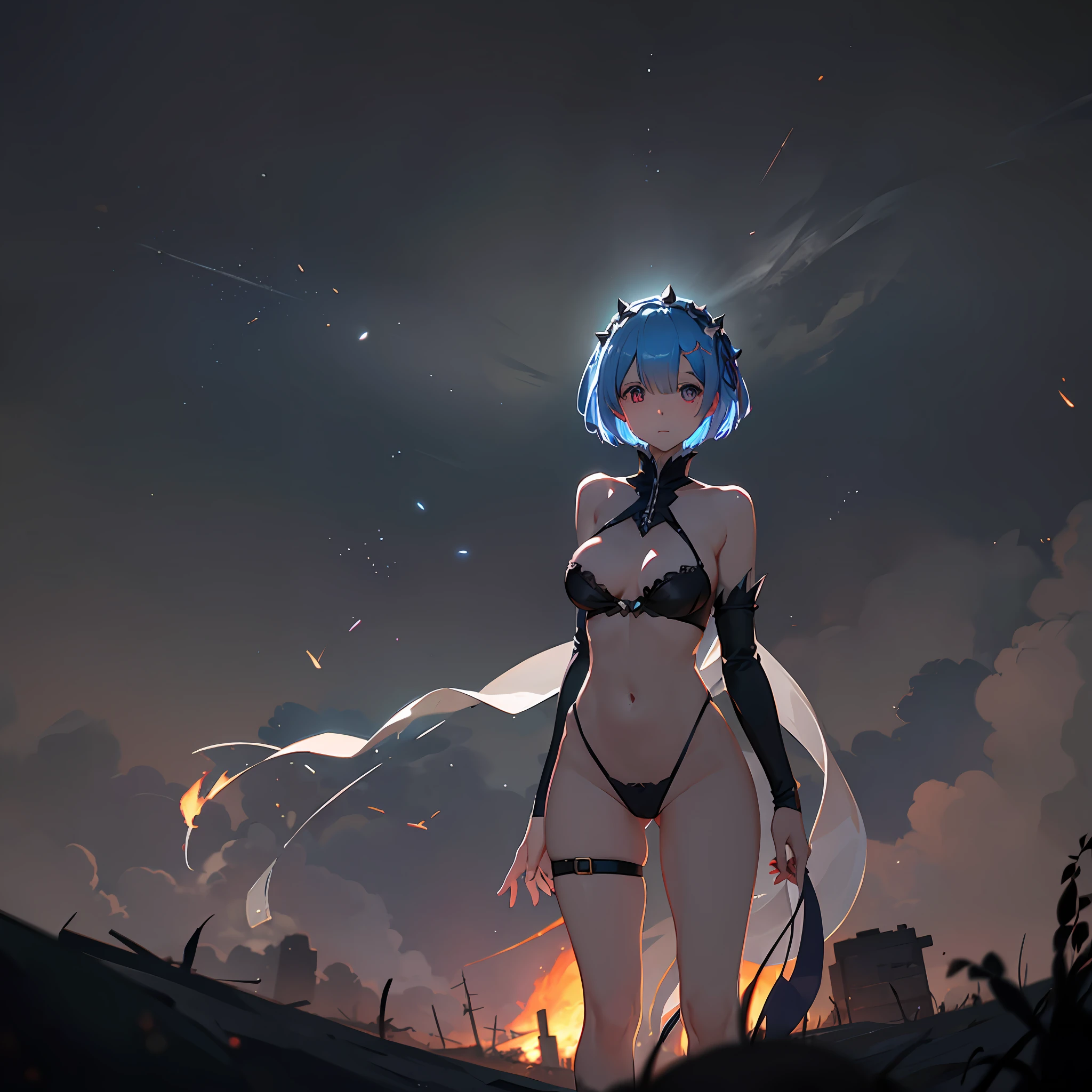 Dark abandoned city, white lingerie, (Rem from Rezero), looking forward to a horizon, lens flare, flames, night, view from above, dark ambient, shadows, contrast, light focus at body, horizon