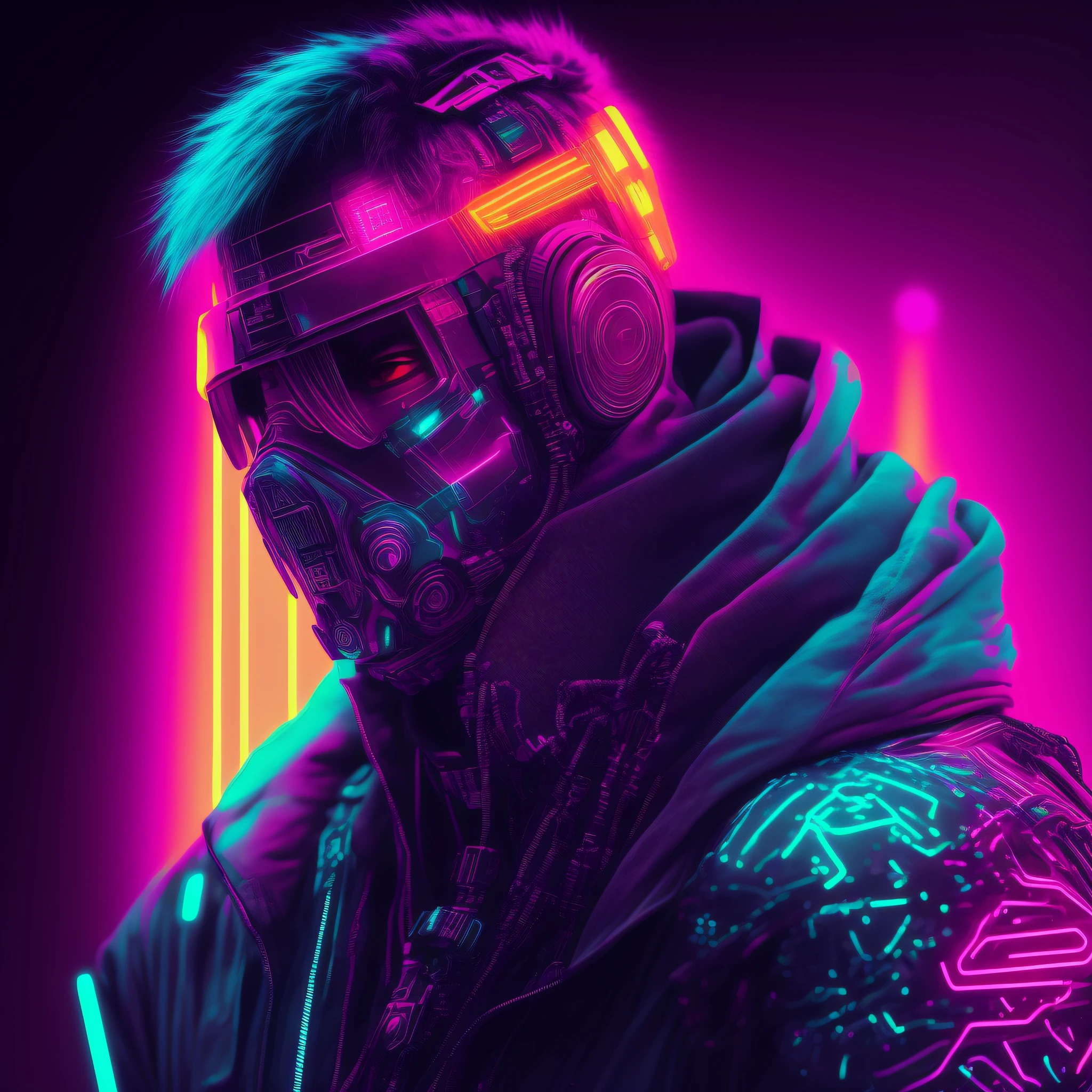 Man, cyberpunk style portrait, futuristic (neon: 1.1) reflective wear, science fiction. artgern, art, illustration, ((dark environment)), ((vegnette)), ((HDR)) ((minimal palette colors)), soft tones, soft colors, faint colors, calm, highly detailed pastel colors, intricate details