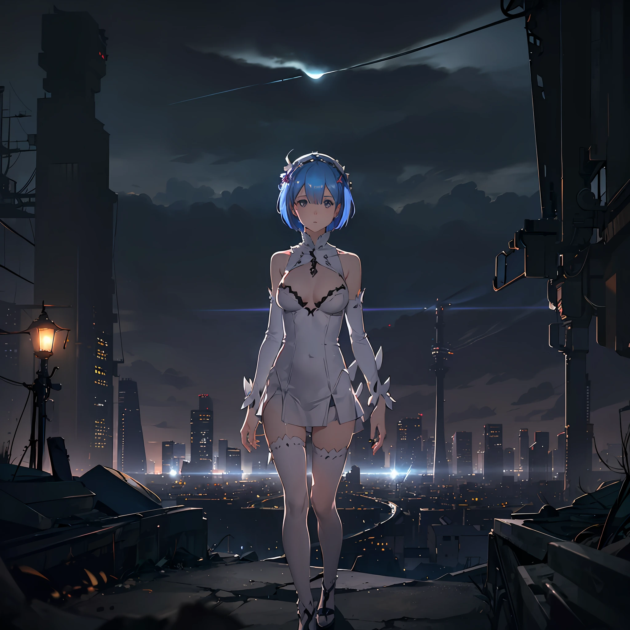Dark abandoned city, white lingerie, (Rem from Rezero), looking forward to a horizon, lens flare, flames, night, view from above, dark ambient, shadows, contrast, light focus at body, horizon