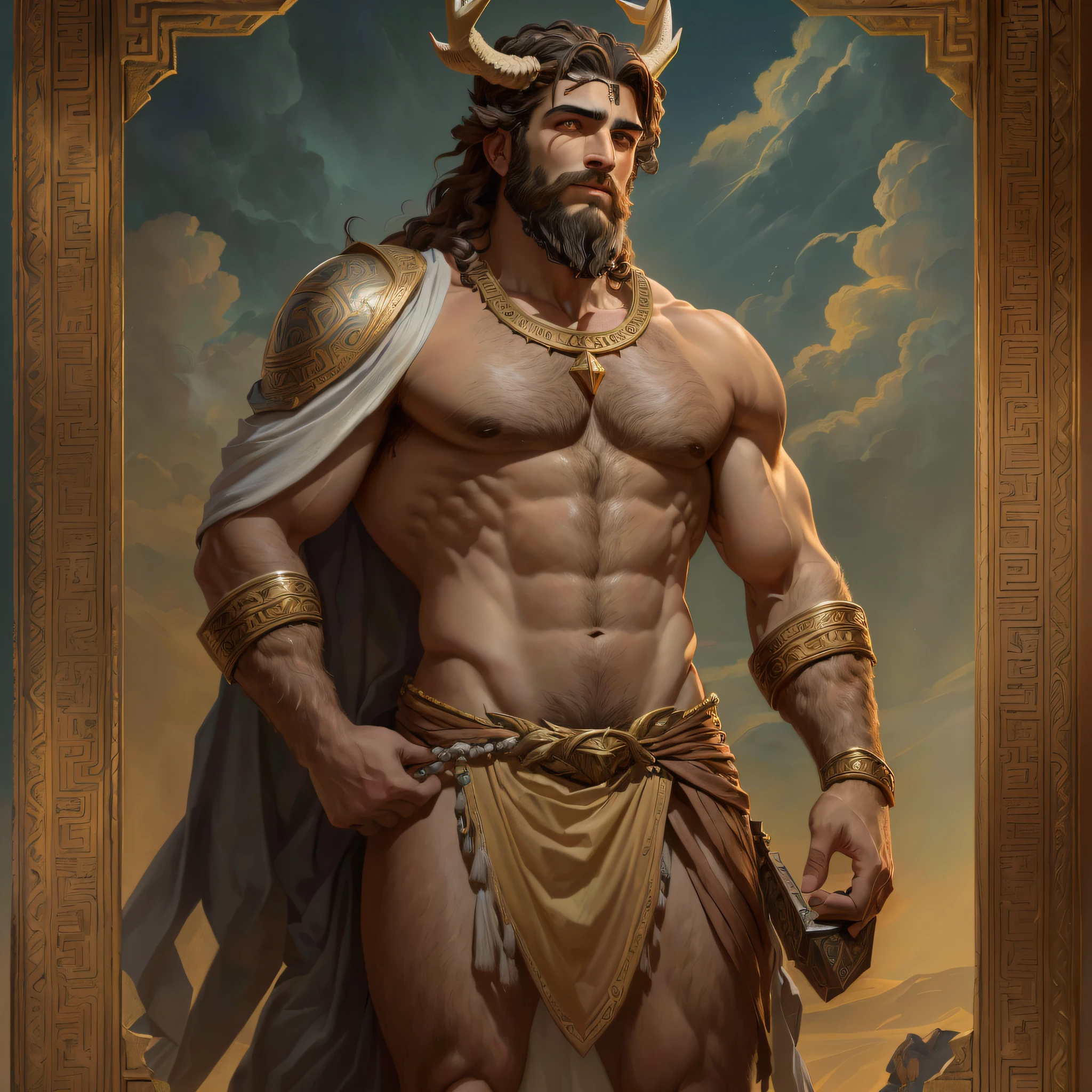 arafed male with a horned head and a beard standing in front of a painting, portrait of demigod hercules, portrait of greek god ares, painted portrait of rugged zeus, greek myth digital painting, attractive male deity, portrait of rugged zeus, minotaur in ancient armor, male god svarog portrait, horned god, male centaur centaur chimera