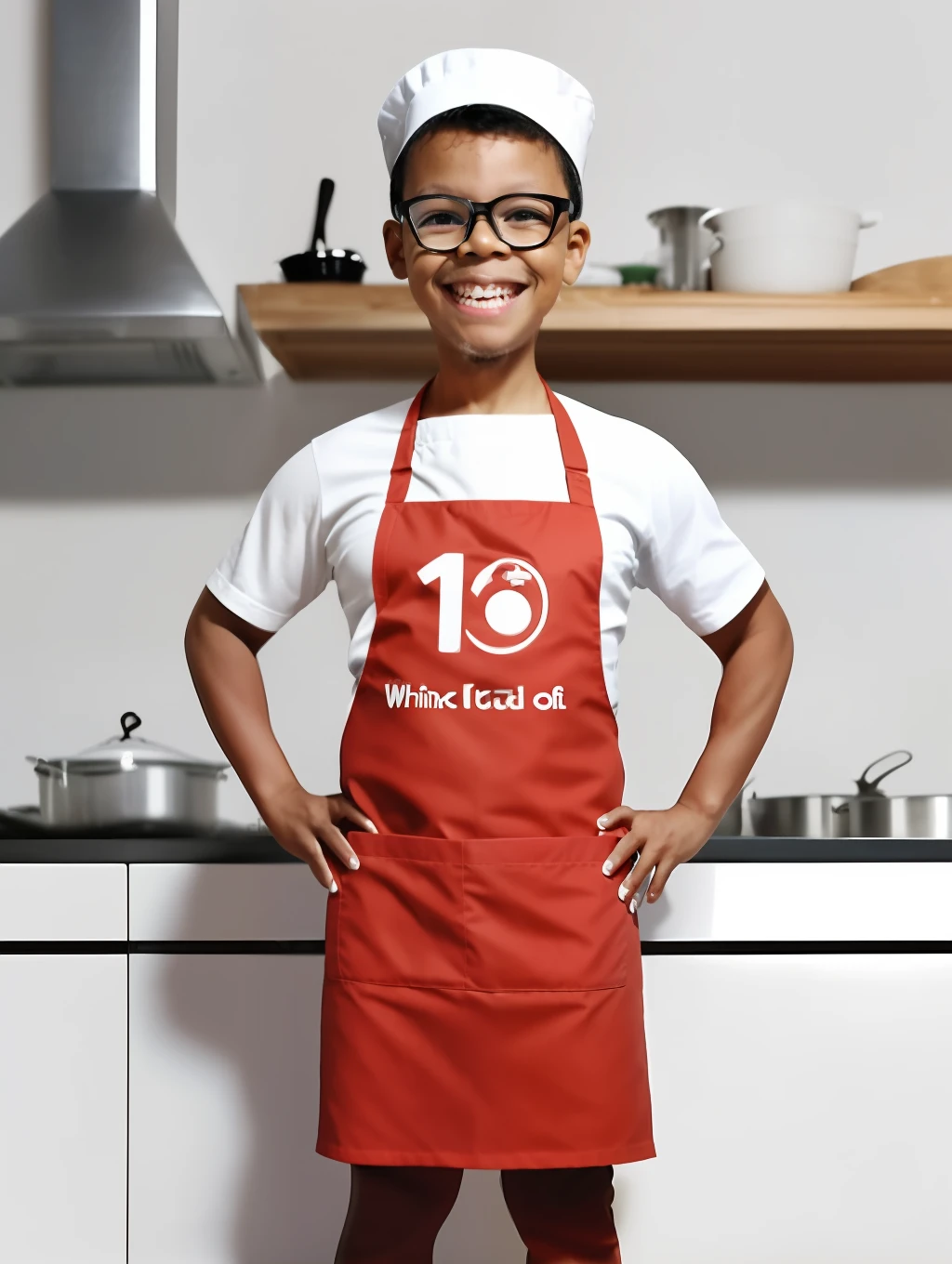 guttonerdreliberate1, portrait of a happy 3--old  wearing glasses, (posing for photo: 1.2), hands behind his body, wearing, (white apron: 1.3) cook, chef, masterchef, (red cap: 1.5) without print and without embroidery. Industrial kitchen scenario. Detailed, realistic, Drawing by alex ross