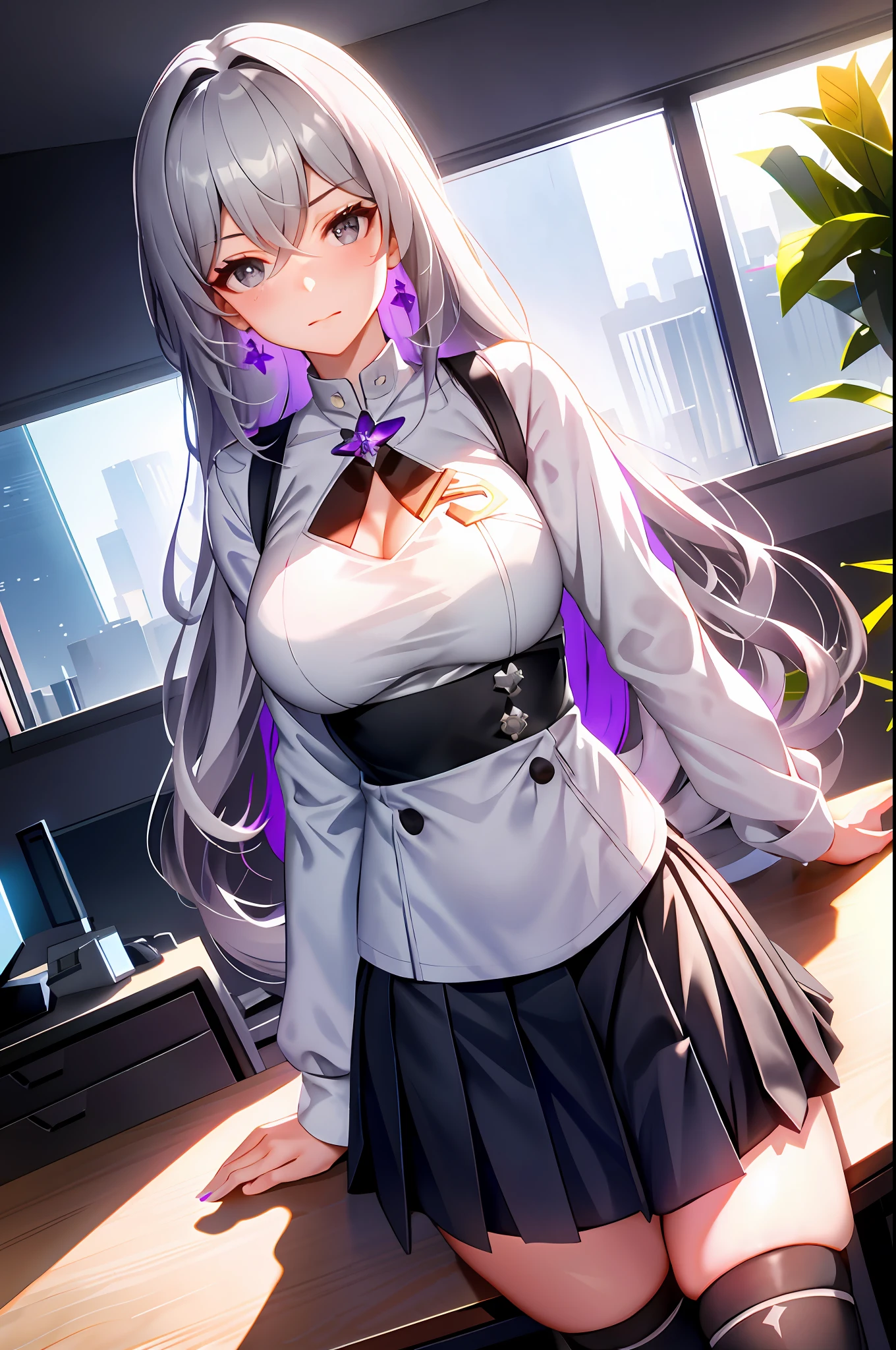 Bronya, 1girl, solo, ((white shirt)), black thighhighs, breasts, cleavage, uniform, office background, black skirt, pleated skirt, office, hair between eyes, purple earring, large breasts, long hair, looking at viewer, silver short nails, grey eyes, solo, thighhighs, thighs, very long hair, ((masterpiece)), sitting, chair, desk, computer on desk, name tag, id tag, indoor, blush, sexy pose, hands behind,