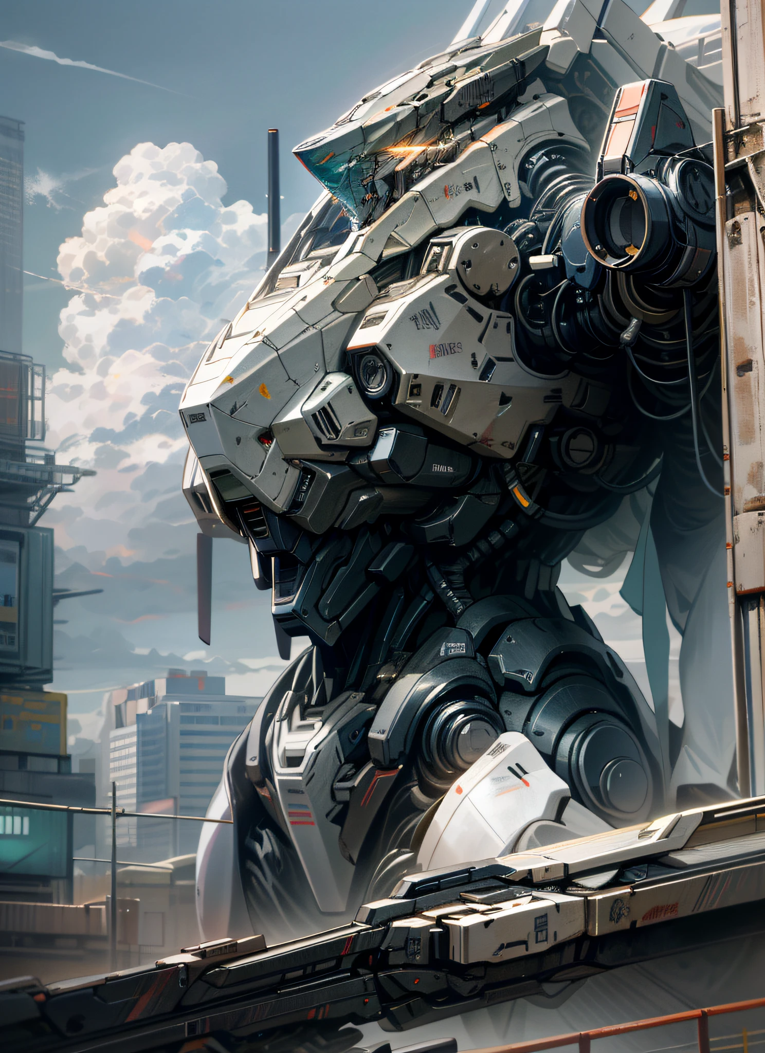 sky, cloud, holding_weapon, no_humans, glowing, , robot, building, glowing_eyes, mecha, science_fiction, city, realistic,mecha