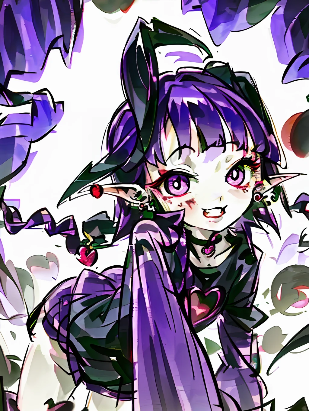 ((masterpiece,best quality)),1girl, loli, solo,elf ears, heart shaped earrings, heart shaped pupils, short hair, ((purple hair)), a pink streak on the bangs, ((a gap between the teeth)), Long black t shirt, long sleeves,
shorts with chain, full body,((fangs))