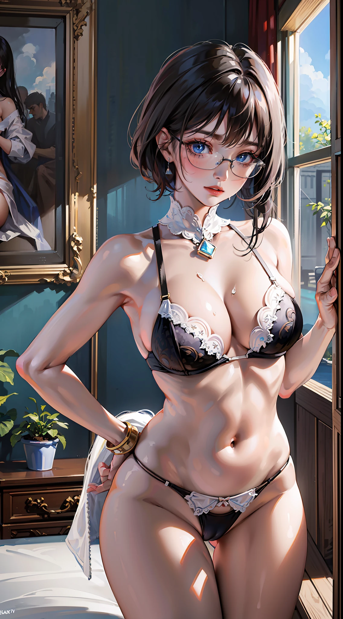 ((masterpiece)), ((best quality)), (dynamic angle), (ultra-detailed),((extremely detailed)), 4K, (8K),
1lady, ((beautiful blue eyes)), beautiful black short hair, glasses,
room, bed, (White bra), ((White panties, cameltoe))
buttocks, large breast, sweaty, wet body, dripping wet clothes, slim, slender, ashamed, blush, shiny-glistening, gleaming,
