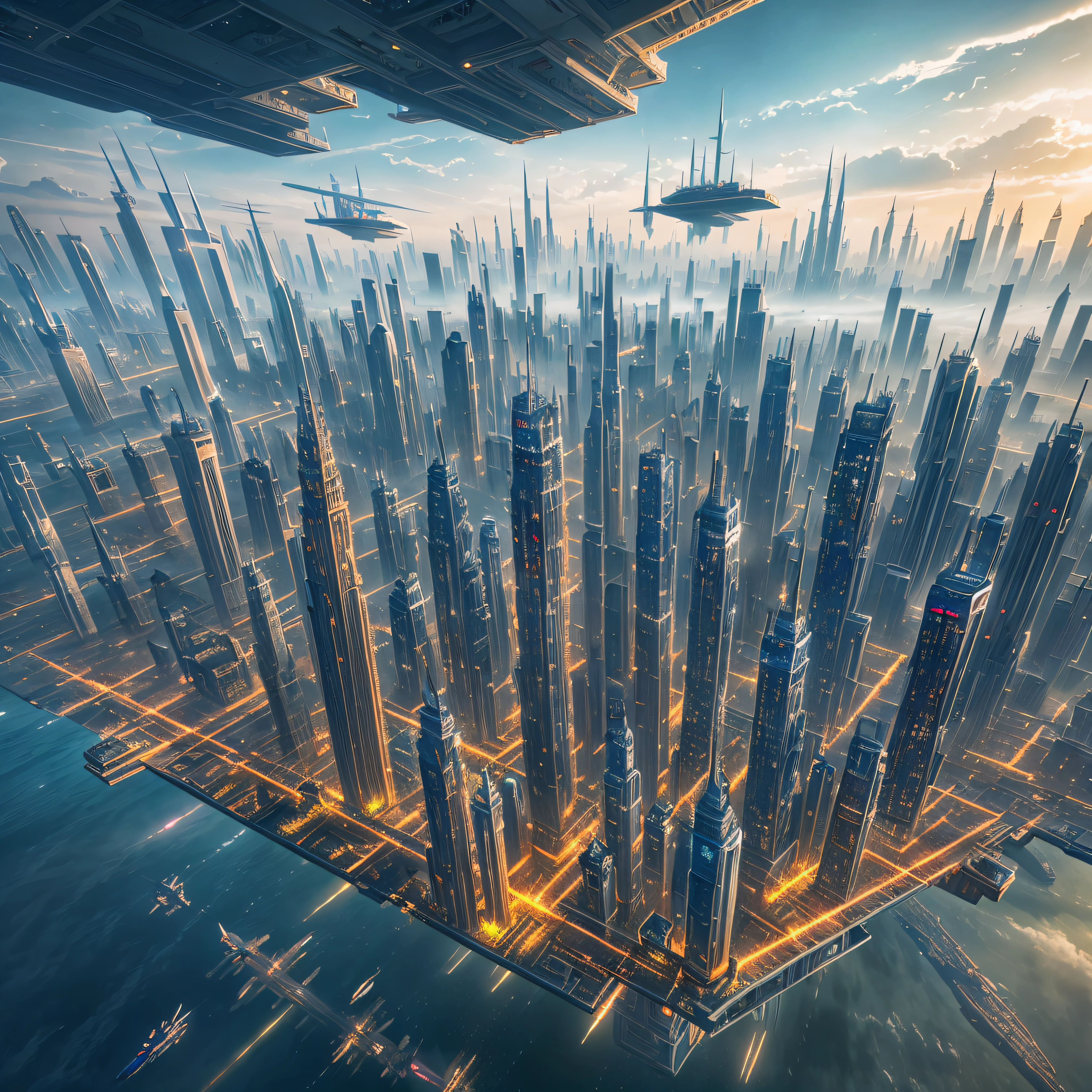 "Floating City": An ethereal metropolis suspended in the clouds, with towering skyscrapers, intricate bridges, and airships gliding between buildings, Surrealism, color field printing, high detail, UHD, 8k, anatomically correct, cinematic lighting 4d quality --auto --s2