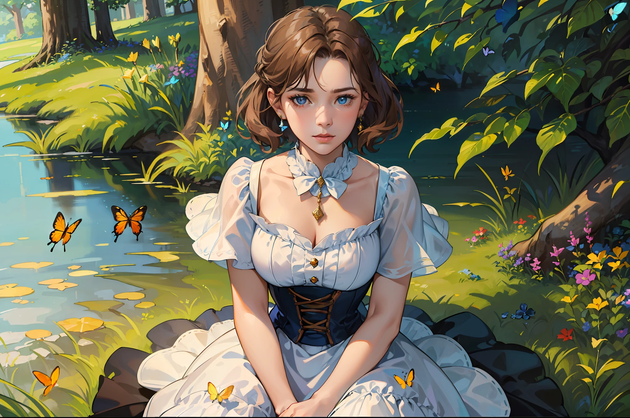 ((Superior quality, portraits, masterpieces, 8K wallpapers: 1.3)), girl with short wavy brown hair (((SHORT HAIR))), blue eyes like diamonds, sitting under a tree, butterflies surrounding her, golden hour, perfect shadows and scolding through the trees. Covered dress, light blue Victorian with ruffles and jewelry.