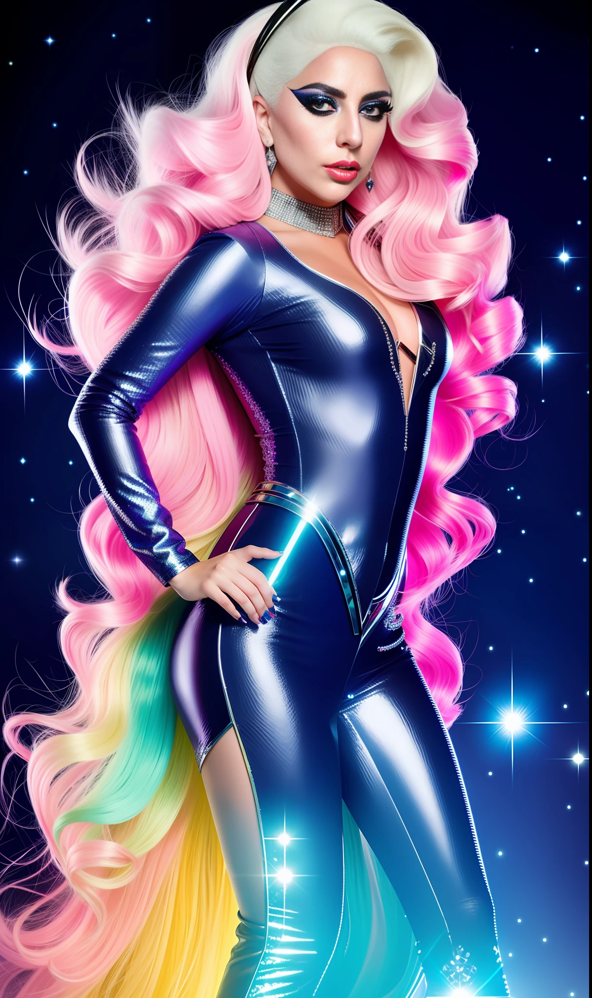 Photo of lady gaga dressed as super heroine full of diamonds,4K texture, long hair, high quality, extravagant hairstyle, original album cover, colorful dress with diamonds, 8k image, futuristic, high image quality, at night, hair accessories, 8k image, realistic face in high quality, full body, different body poses