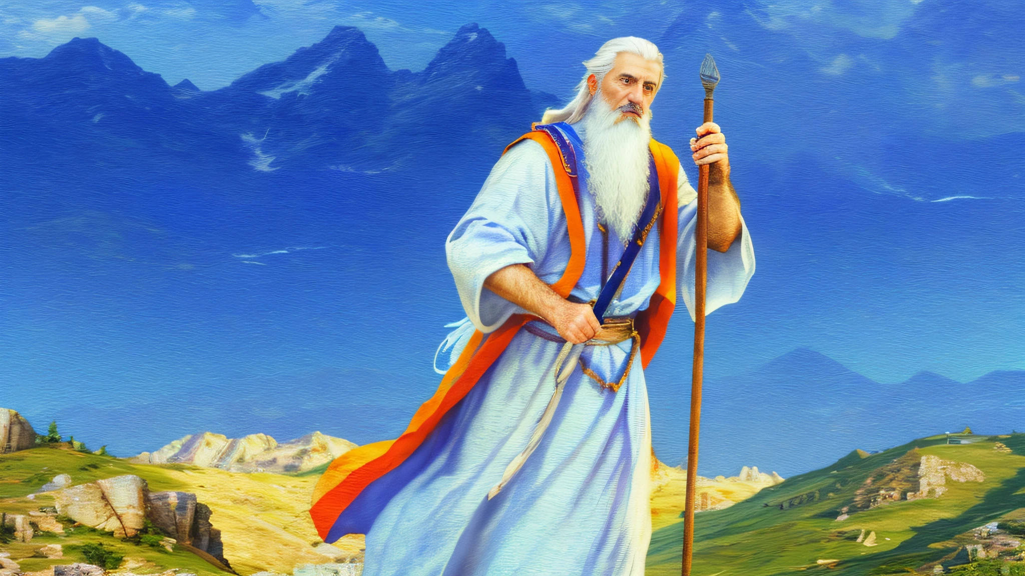 Photo Raw, (realistic), (masterpiece), (best quality), [(shimmering eyes perfect high details)], [(hands high details)], there is a handsome old male man with a right hand staff, (skin high details), Noah, with white hair and beard with looking forward, walking, background mountains, epic biblical representation, 8k, UHD, cinematic lighting, --s2