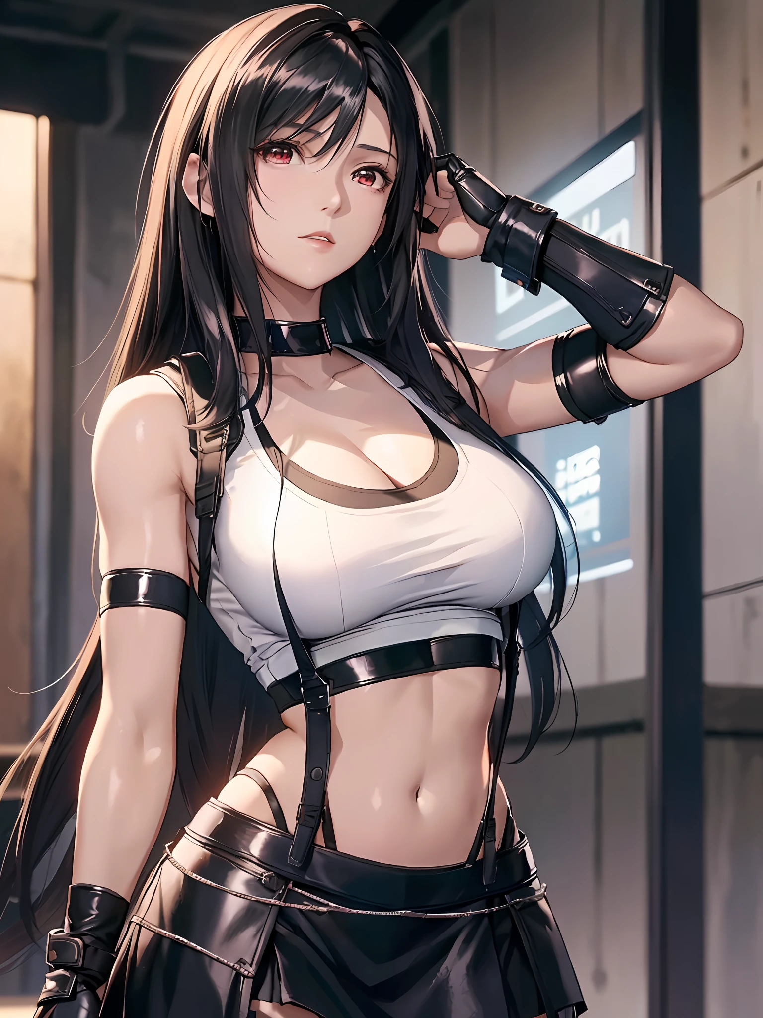 8k,masterpiece, bset quality,big, (1 girl), tifa lockhart, red_eyes, black hair, long hair, shiny skin: 1.2, shiny big, ((best quality)), crisp focus: 1.2, highly detailed face and skin texture, detailed eyes, perfect face, perfect body, art, cg, blur background, big with presence, 20yo, Mature cool and beautiful face, wearing (black skirt, black suspenders, black elbow gloves,white taut shirt,crop top,)