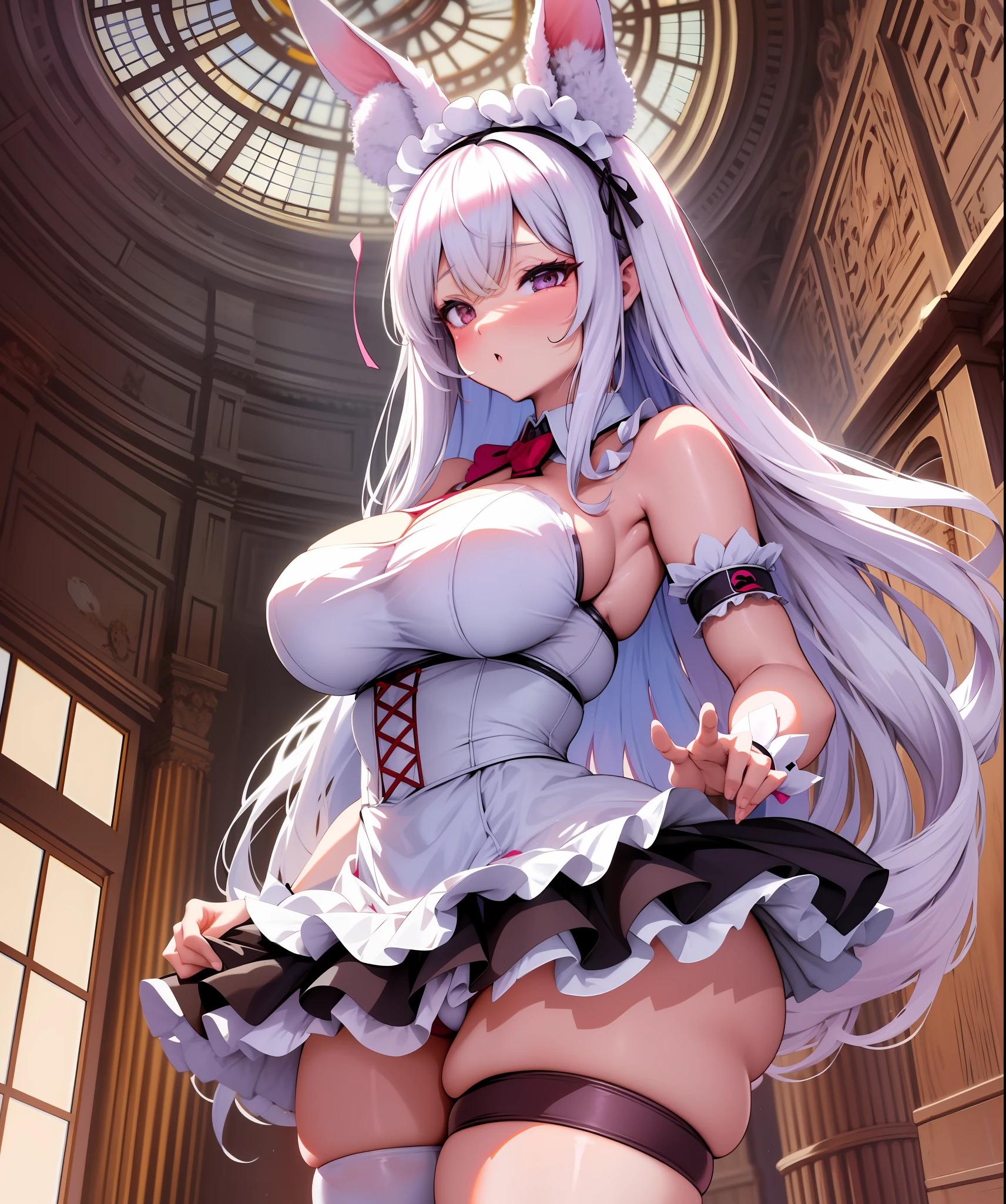 anime character dressed in a maid outfit, maid costume, anime girl in a maid costume, white-haired deity, maid outfit, maid, female anime character, solo, focus on face, holding skirt raised, panties, wide hips, anime girl with long white hair and rabbit ears, rabbit ears girl,  solo, seductive anime girl, very beautiful anime rabbit girl, cute anime rabbit, cute anime rabbit, white haired deity, cute anime rabbit, perfect anatomy, tanned skin, big breasts, big thigh, slim body.  , Rabbit humanoid,white hair, skin tan ,1girl, hairlong , HDR, Volumetric Lighting, octane rendering, 8k, ultra high definition, female hourglass body, sweaty, sexy positions, big breasts, big hips, self , Big thighs, from below, Big breast, big ass, thicc, perfect fingers, pefeiro body, perfect legs, perfect arms.