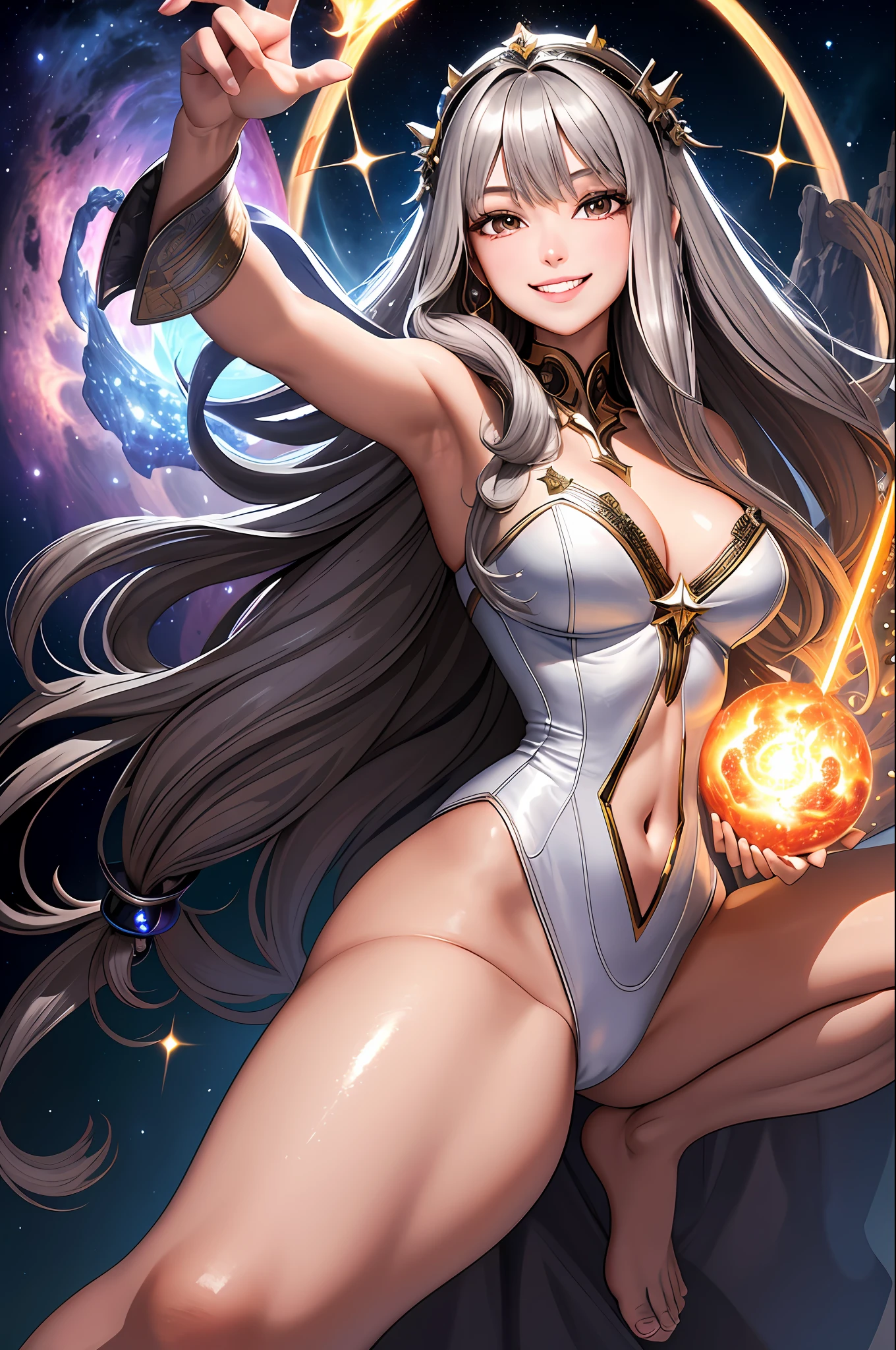 (masterpiece, best_quality, ultra-detailed, immaculate:1.3), epic, (((BIG SMILE))), illustration, welcoming, 1girl, sorceress, dark silver hair, Micro Braids, casting spell, in a nebula, in a messy nuclear fusion plant, bombshell hair, bright brown hair, medium hair, star hands