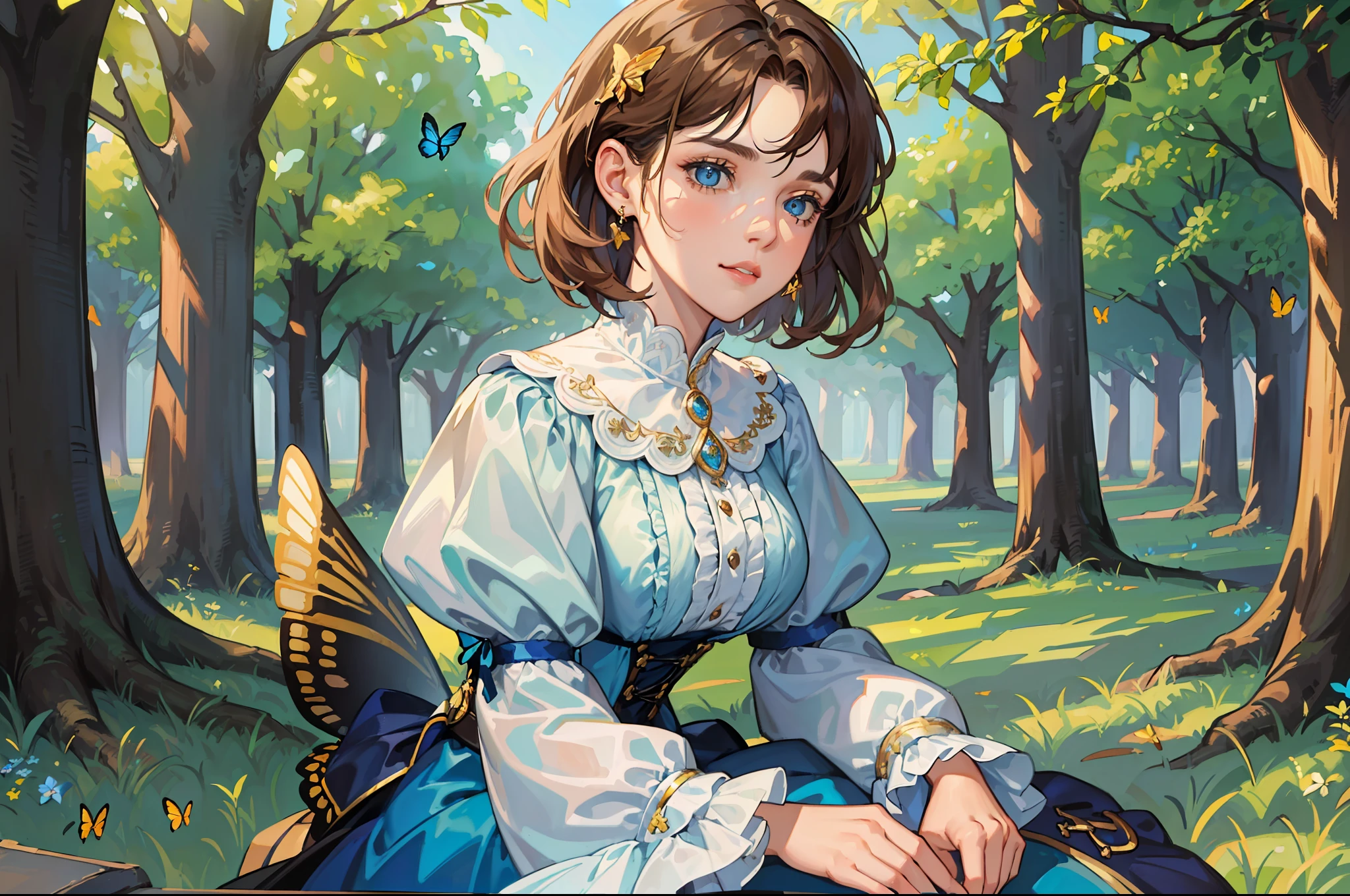 ((Superior quality, portraits, masterpieces, 8K wallpapers: 1.3)), girl with short wavy brown hair (((SHORT HAIR))), blue eyes like diamonds, sitting under a tree, butterflies surrounding her, golden hour, perfect shadows and scolding through the trees. Covered dress, light blue Victorian with ruffles and jewelry.