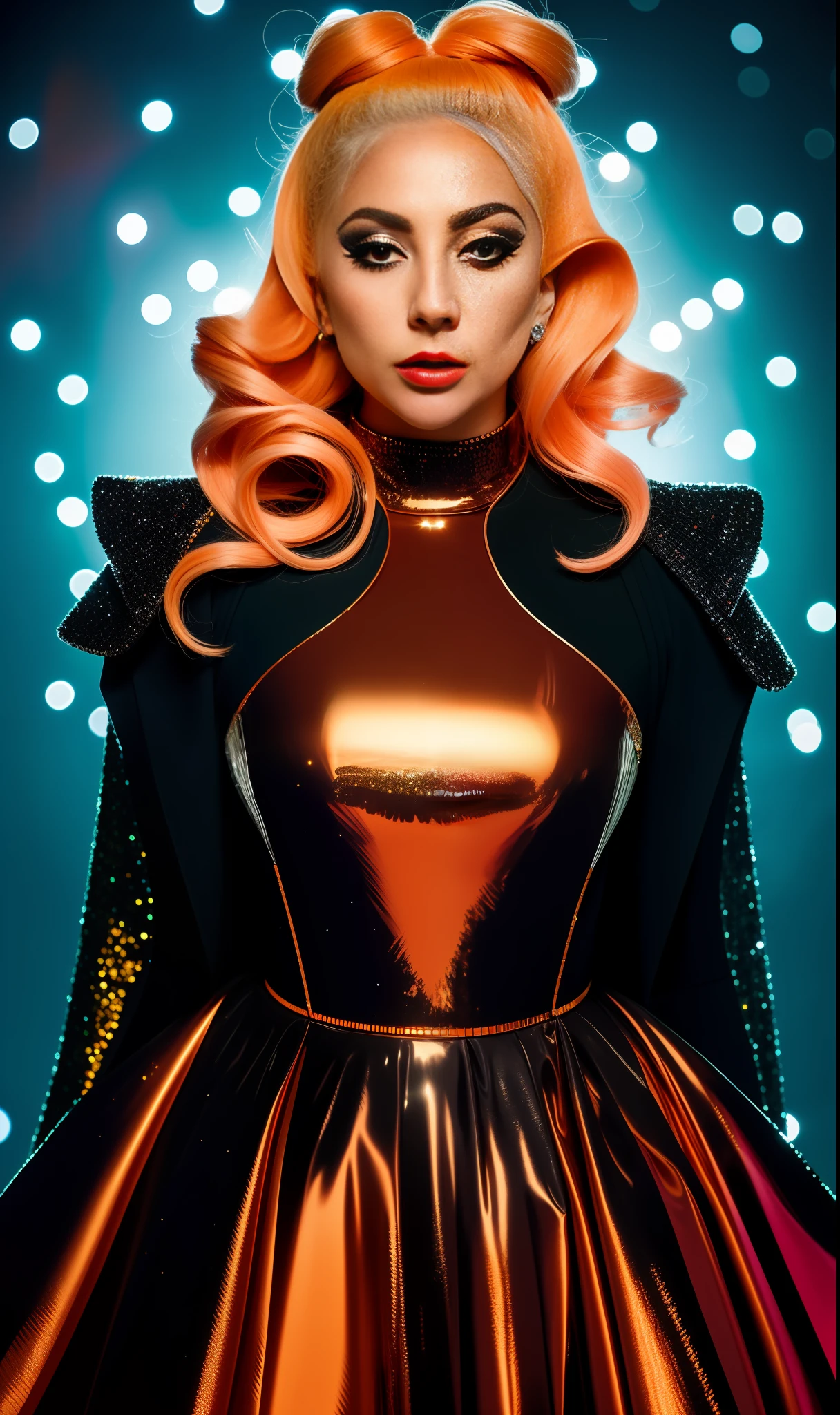 Photo of lady gaga with futuristic orange dress with black full of diamonds, unique glasses, 4K texture, long hair, high quality, extravagant hairstyle, original album cover, colorful dress with diamonds, 8k image, futuristic, high image quality, at night, hair accessories, 8k image, realistic face in high quality, full body, different body poses, detailed face in HD