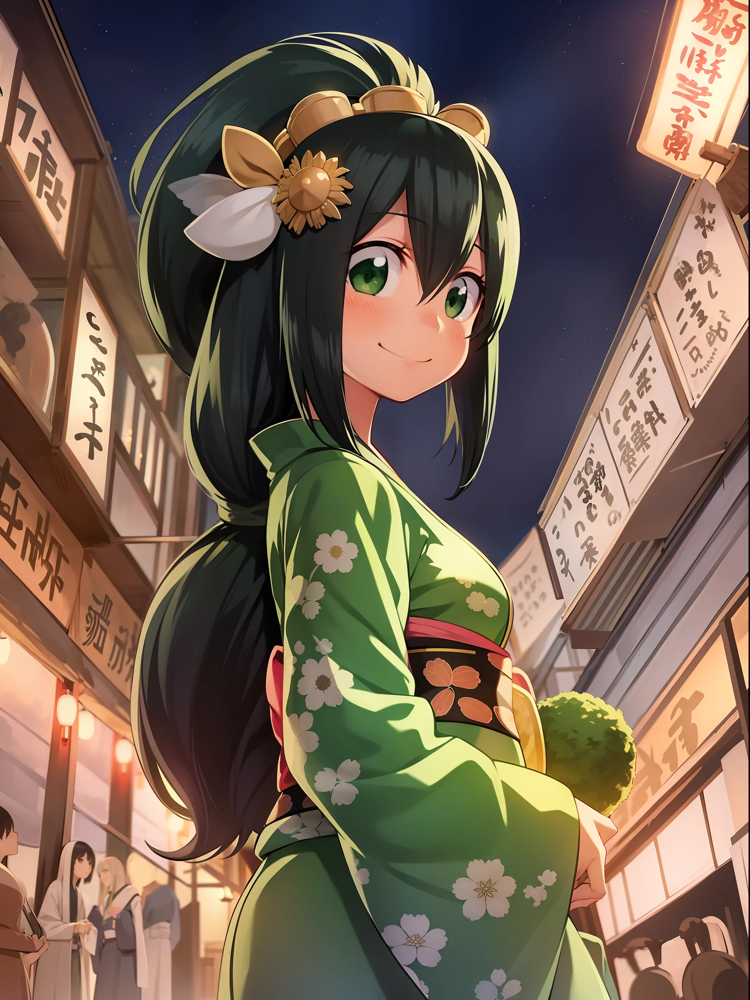 Tsuyu Asui, wearing kimono, lamp festival, night, nice environment, super detailed, high quality