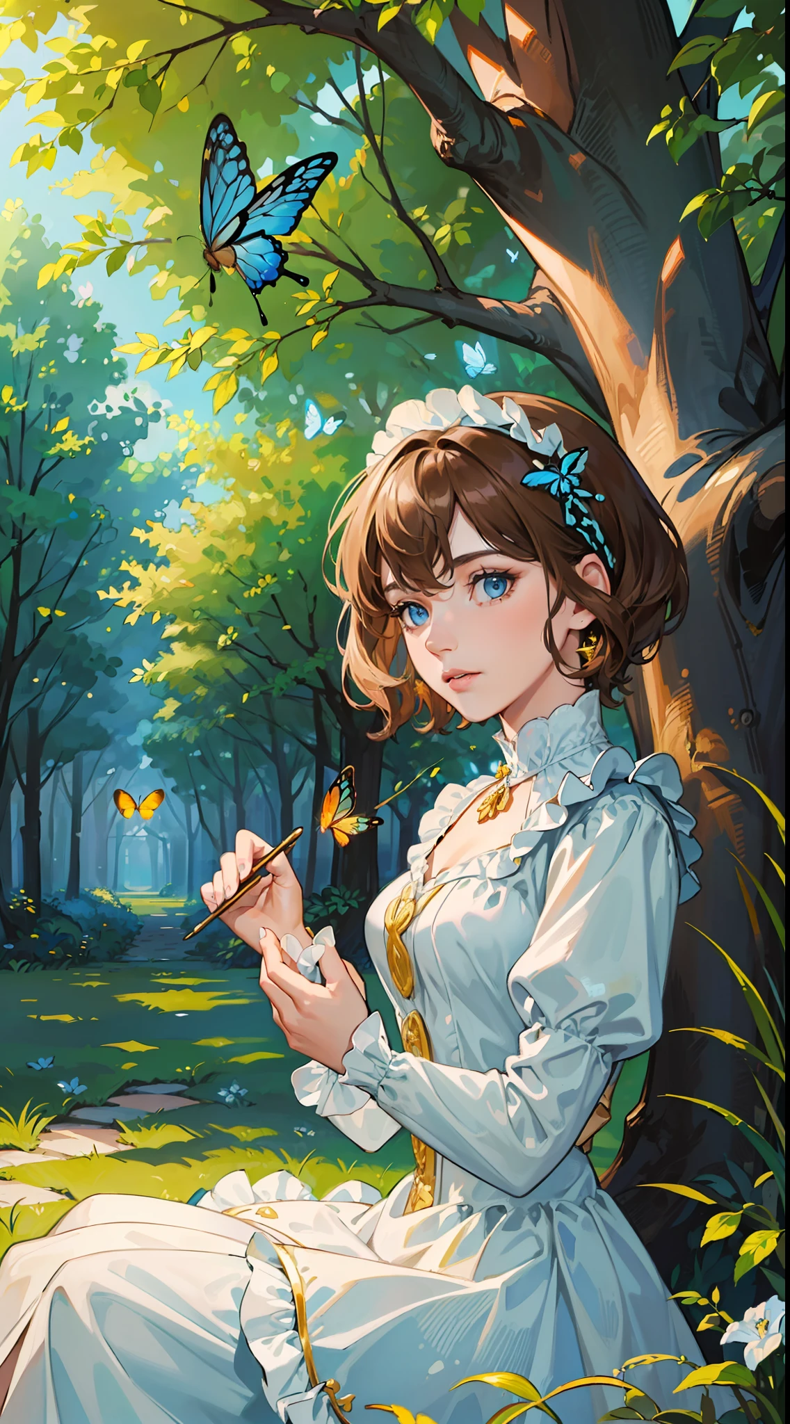 ((Superior quality, portraits, masterpieces, 8K wallpapers: 1.3)), girl with short wavy brown hair (((SHORT HAIR))), blue eyes like diamonds, sitting under a tree, butterflies surrounding her, golden hour, perfect shadows and scolding through the trees. Covered dress, light blue Victorian with ruffles and jewelry.