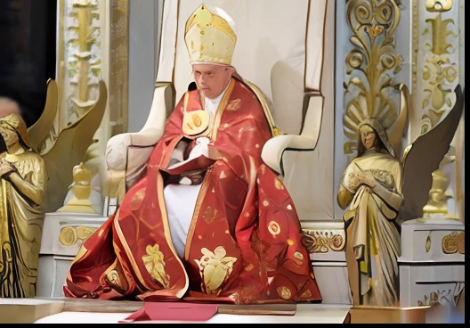 Realistic photo 8 k Arafed Pope sitting on a throne with angels and statues, adoration of the Pope, the Catholic Pope in his bed, Pope, the Pope, the Pope is in his bed, the Pope wakes up is his bed, Pope Dragon, Photo credit: AP, photo of, John Paul II, photo, deity), wearing golden red robes