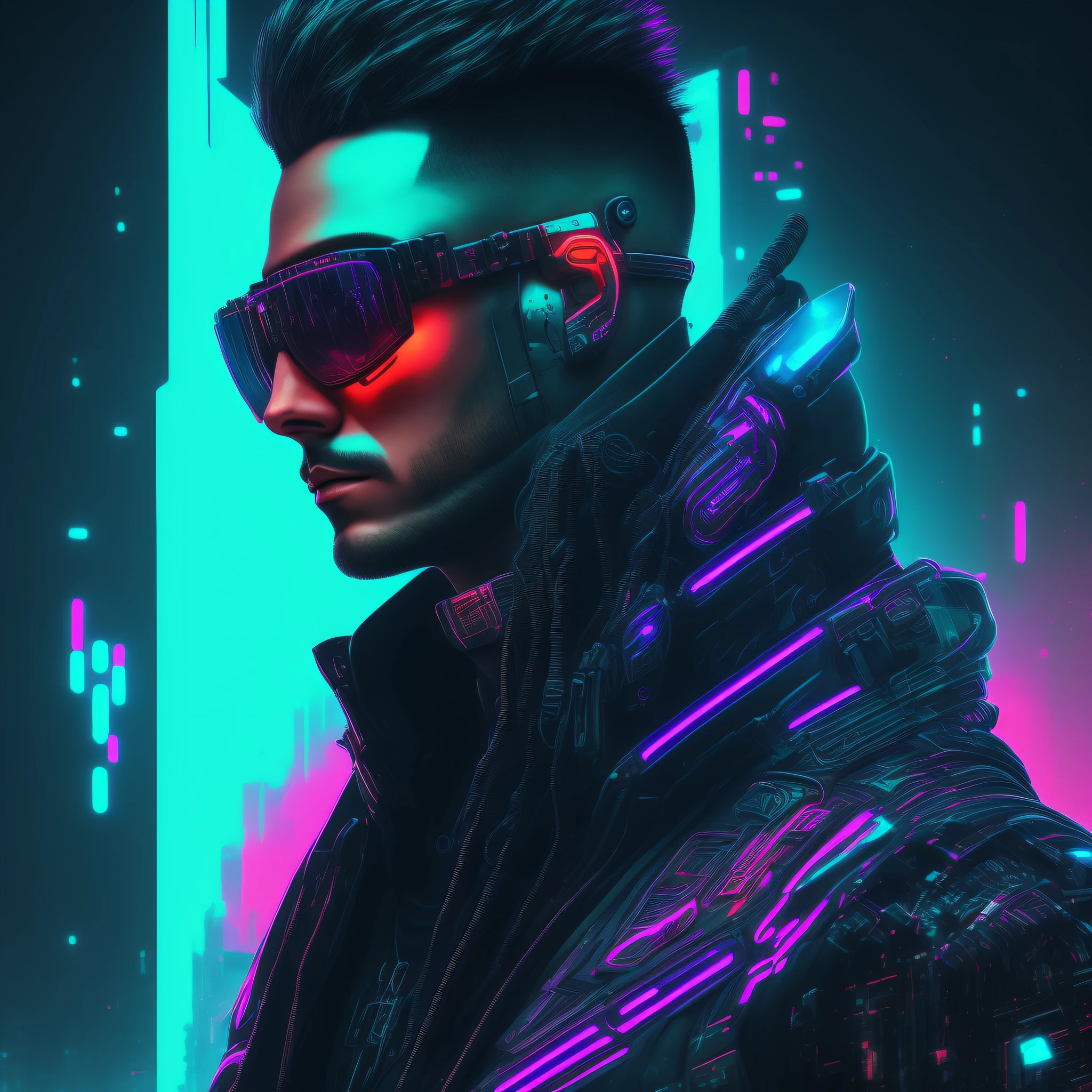 Man, cyberpunk style portrait, futuristic (neon: 1.1) reflective wear, science fiction. artgern, art, illustration, ((dark environment)), ((vegnette)), ((HDR)) ((minimal palette colors)), soft tones, soft colors, faint colors, calm, highly detailed pastel colors, intricate details