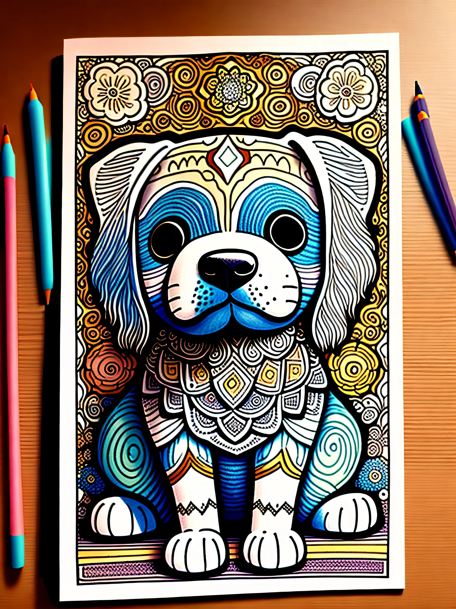 a hand painted a page of a book with cute dog puppy, coloring book cover, mandala, hyper detailed line art, coloring expert