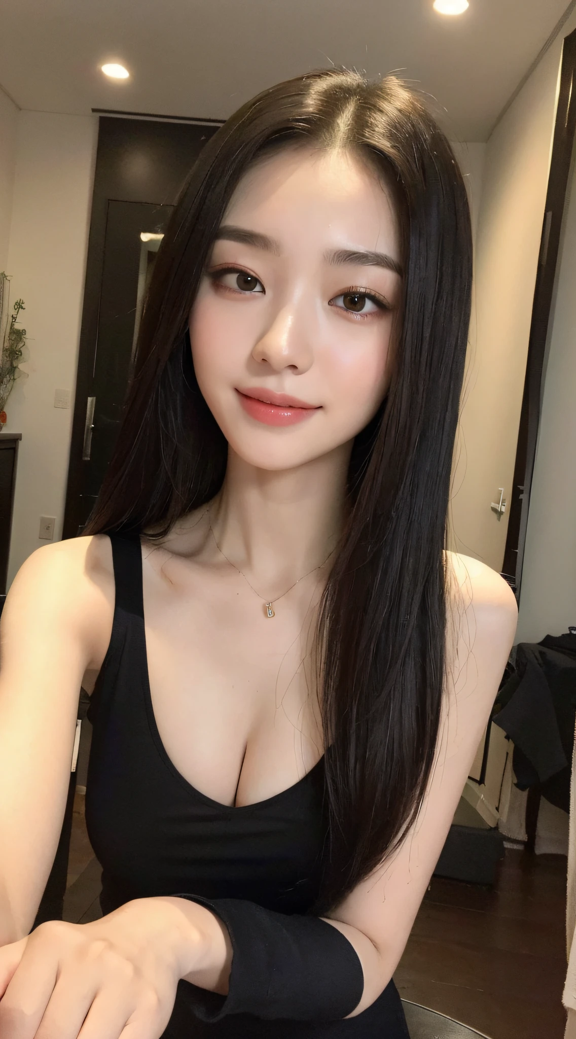 ((Best Quality, 8K, Masterpiece: 1.3)), 1girl, Slim Abs Beauty: 1.3, (Casual hairstyle, Leaky Big Breasts: 1.2), Dress: 1.1, Super fine face, Fine eyes, Double eyelids, smile, home, black silk, open umbilicus, eight-pack abs, the whole body is displayed