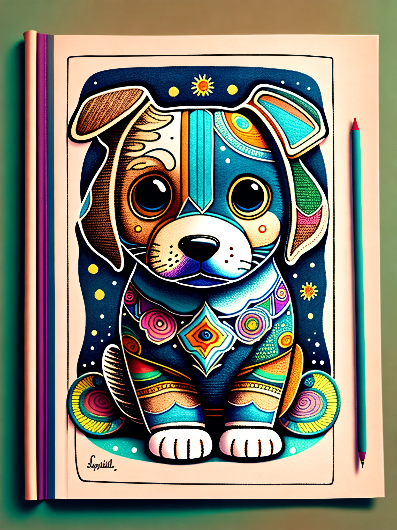 a hand painted a page of a book with cute dog puppy, coloring book cover, mandala, hyper detailed line art, coloring expert