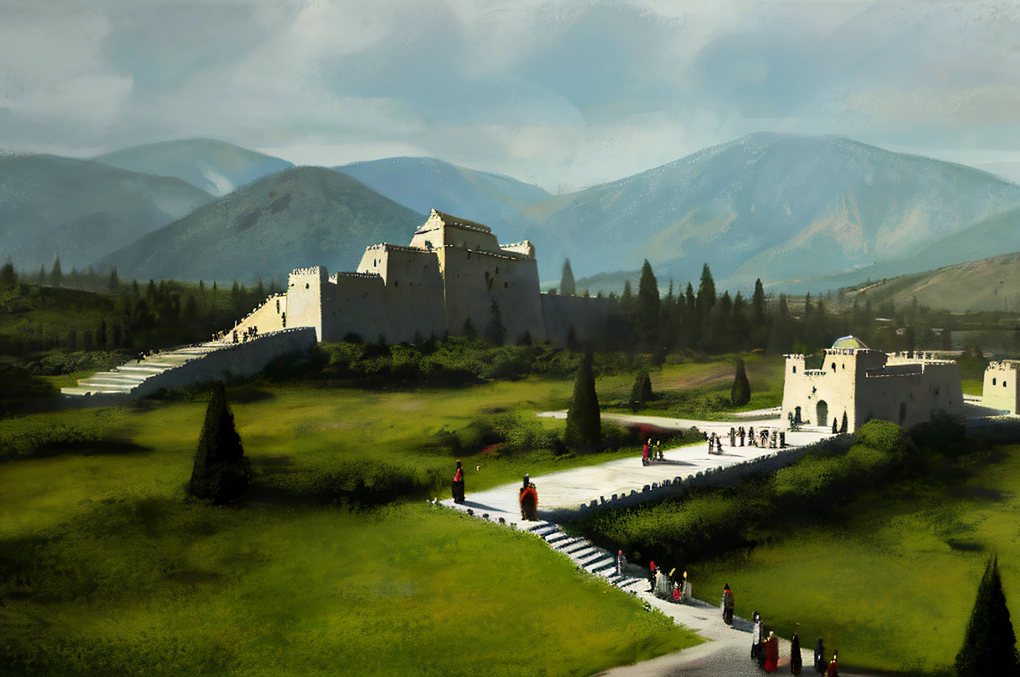 Draw a picture of an ancient castle with Warrior walking