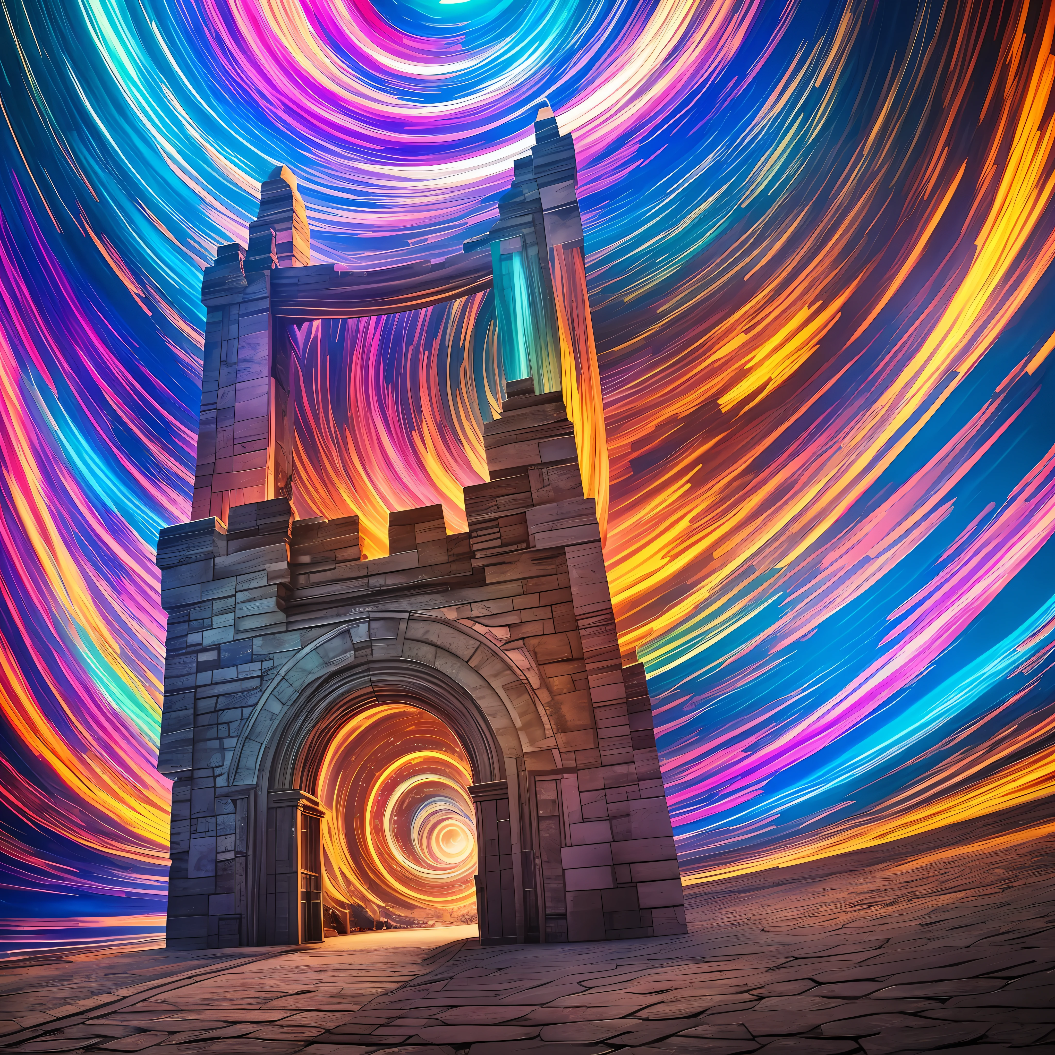 "Time Portal": A swirling vortex of colors, crackling with energy, opening a gateway to different eras and dimensions, inviting exploration and time-traveling narratives, Surrealism, color field printing, high detail, UHD, 8k, anatomically correct, cinematic lighting 4d quality, --auto --s2