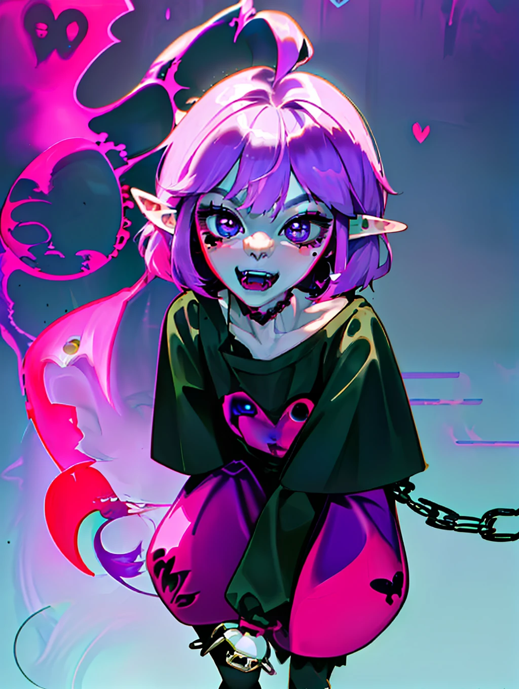 ((masterpiece,best quality)),1girl, loli, solo,elf ears, heart shaped earrings, heart shaped pupils, short hair, ((purple hair)), a pink streak on the bangs, ((a gap between the teeth)), Long black t shirt, long sleeves,
shorts with chain, full body,((fangs))