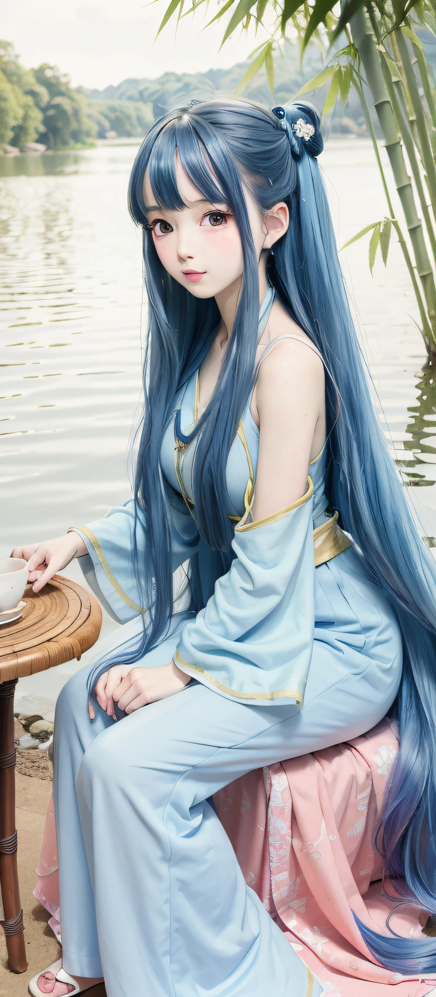 Masterpiece, Best Quality, Official Art, 8k Wallpaper, Very Detailed, Illustration, 1 Girl, Sky Blue Hair, Long Hair, Detailed Eyes, Forrest Gump, Bare Shoulders, Hanfu, Lake, Pure, Soft Smile, bamboo, tea