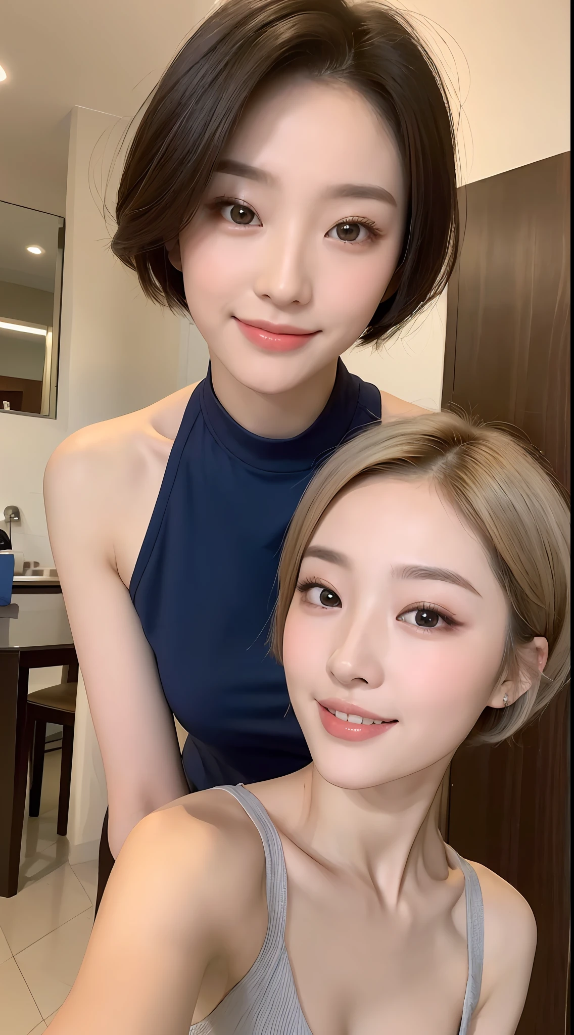((Best Quality, 8K, Masterpiece: 1.3)), 1girl, Slim Abs Beauty: 1.3, (Short hair, :1.2), Dress: 1.1, Super fine face, Fine eyes, Double eyelids, smile, homely