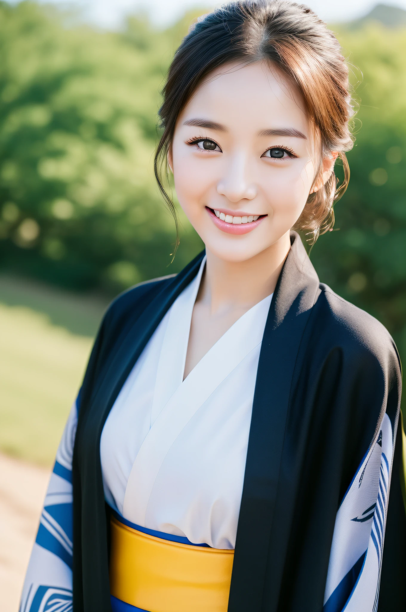 ((Best Quality, 8K, Masterpiece: 1.3)), Sharp Focus: 1.2, (Super Beautiful Face: 1.0), (Glossy Skin: 1.0), Realistic Photos, Black Hair, Realistic Pupils, Movie Lighting, Highly Detailed Eyes and Faces, Movie Lighting, (Cowboy Shot: 1.0), (Kimono, Hakama, Obi: 1.15), In Nature, (Korean Cute Actress), happy smile