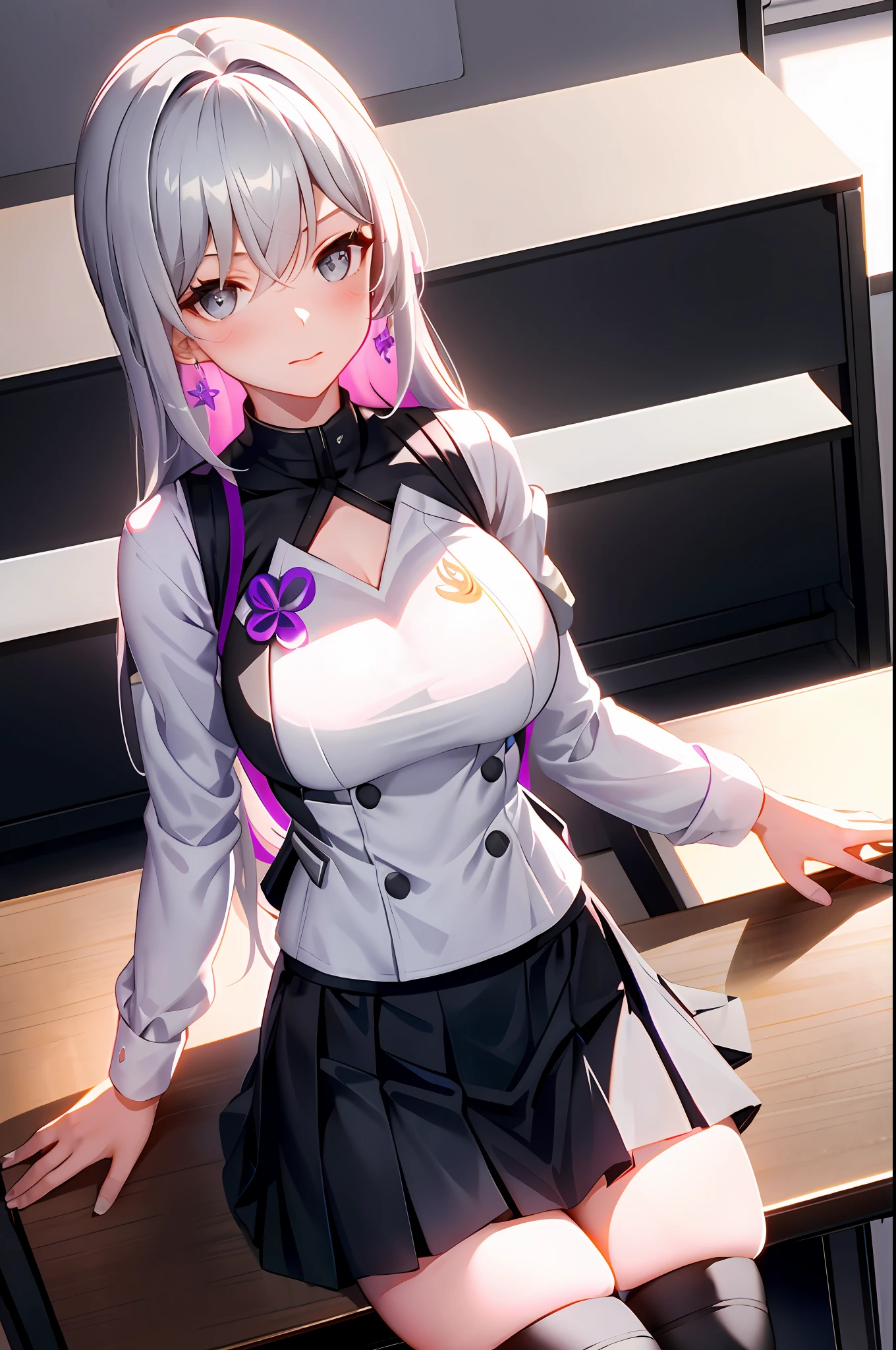 Bronya, 1girl, solo, ((white shirt)), black thighhighs, breasts, cleavage, uniform, office background, black skirt, pleated skirt, office, hair between eyes, purple earring, large breasts, long hair, looking at viewer, silver short nails, grey eyes, solo, thighhighs, thighs, very long hair, ((masterpiece)), sitting, chair, desk, computer on desk, name tag, id tag, indoor, blush, sexy pose, hands behind,