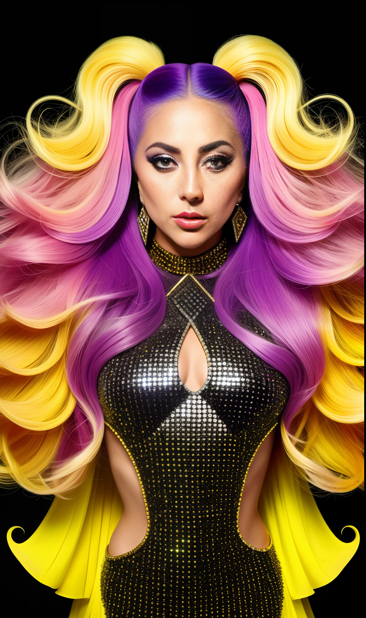 Photo of lady gaga with futuristic yellow,violet and black dress full of diamonds, 4K texture, long hair, high quality, extravagant hairstyle, original album cover, colorful dress with diamonds, 8k image, futuristic, high image quality, at night, hair accessories, 8k image, realistic face in high quality, full body, different body poses